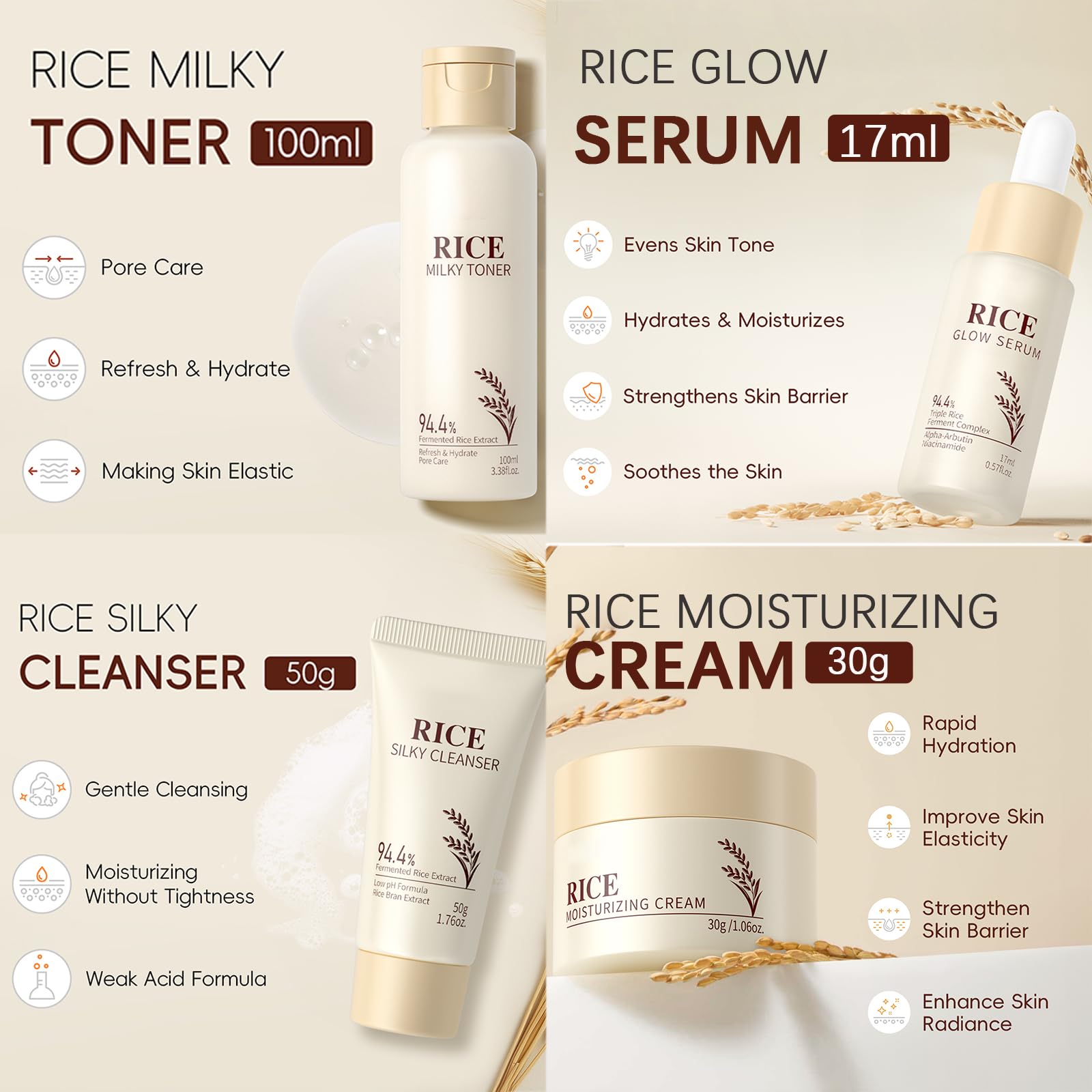 EONFAVE Rice Skincare Set for Teens — Hydrating Routine Kit (Cleanser, Serum, Sunscreen)