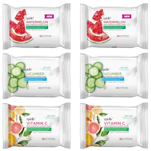 Epielle Makeup Remover Wipes – Waterproof Mascara, Vitamin C, Watermelon & Cucumber | Hypoallergenic & Alcohol-Free (Pack of 6)