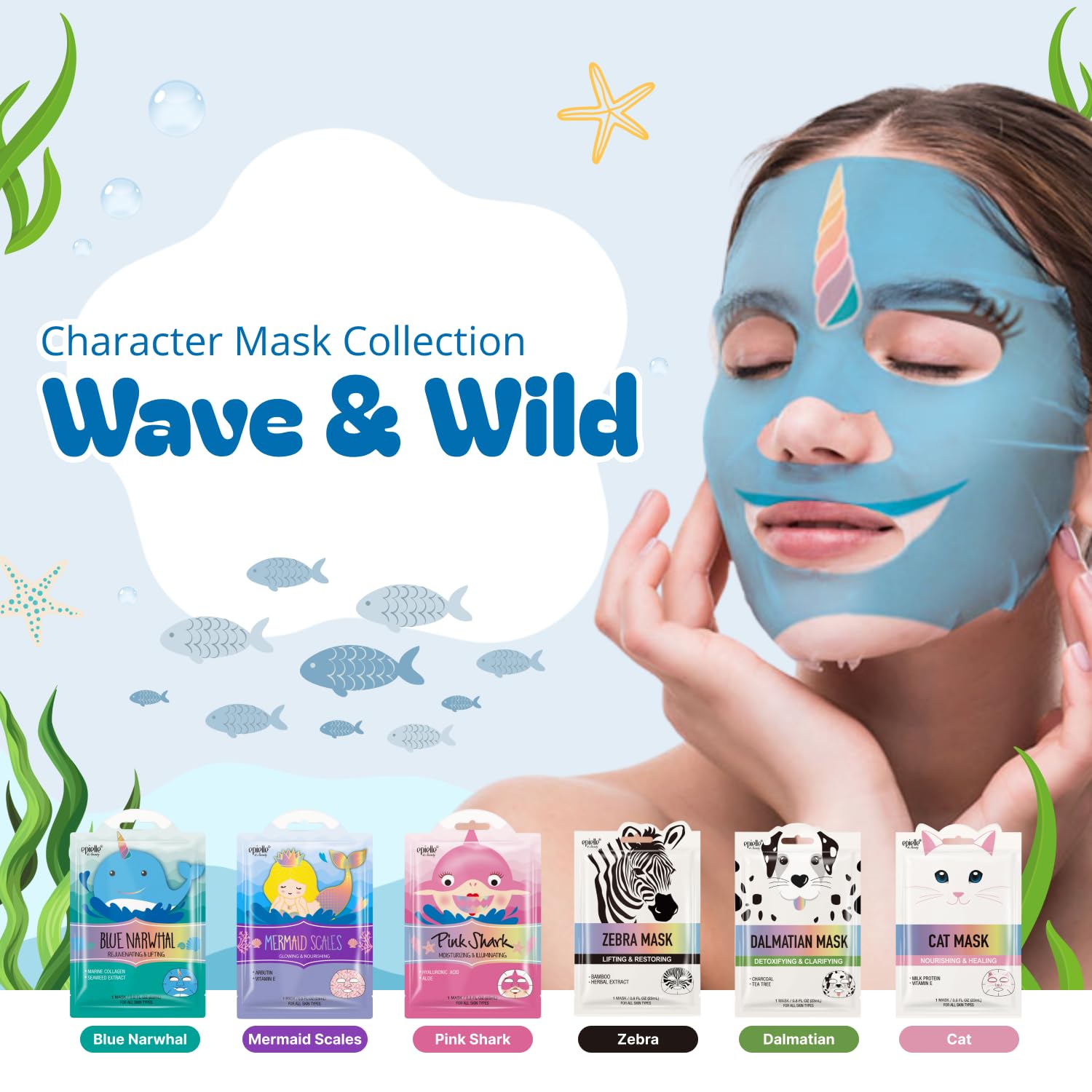 Epielle Wave & Wild Character Face Masks – 12 Pack | Fun Korean Skincare