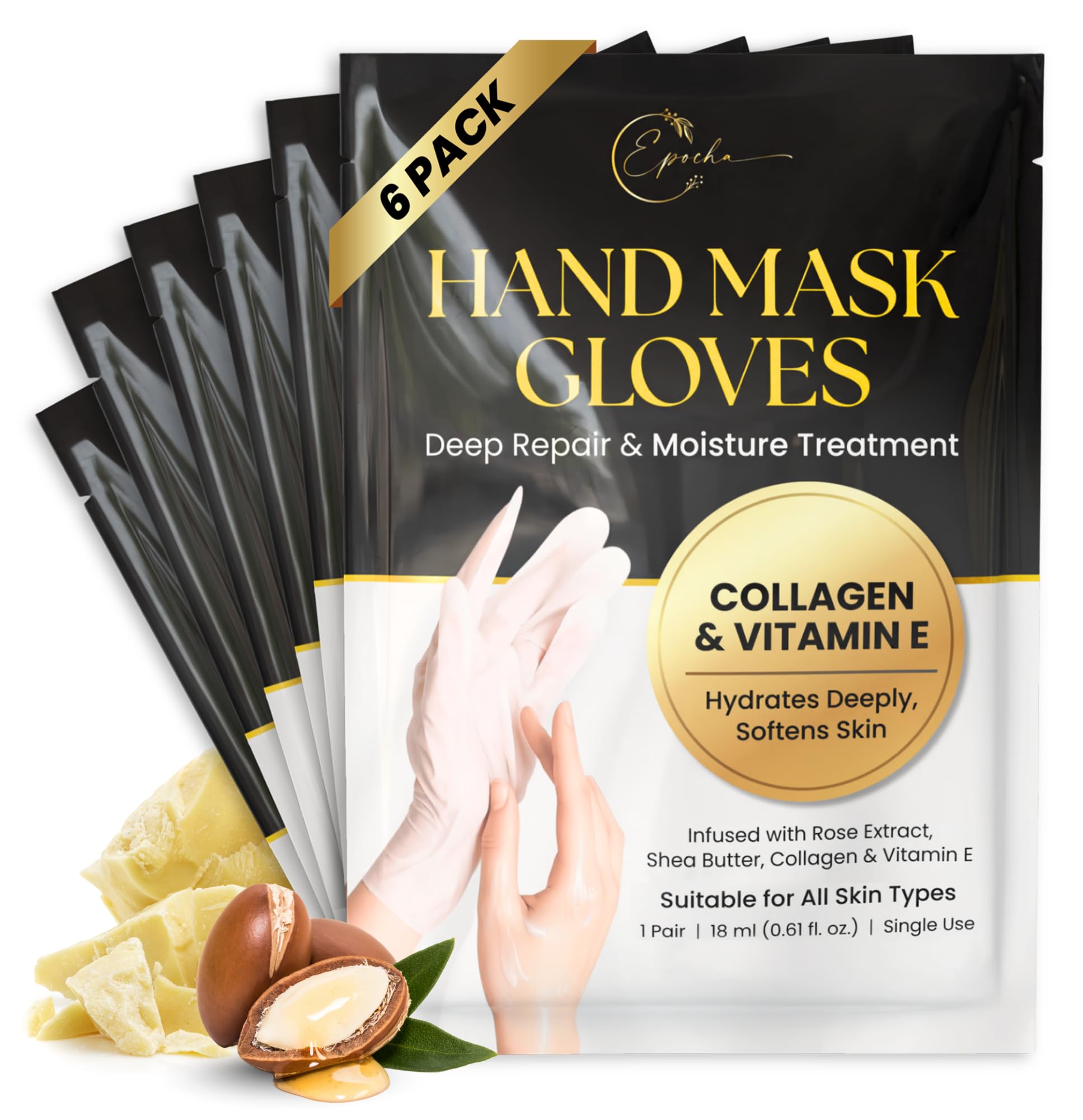 Epocha Hand Mask for Dry Hands - Pack of 6 Pairs with Shea Butter & Vitamin E