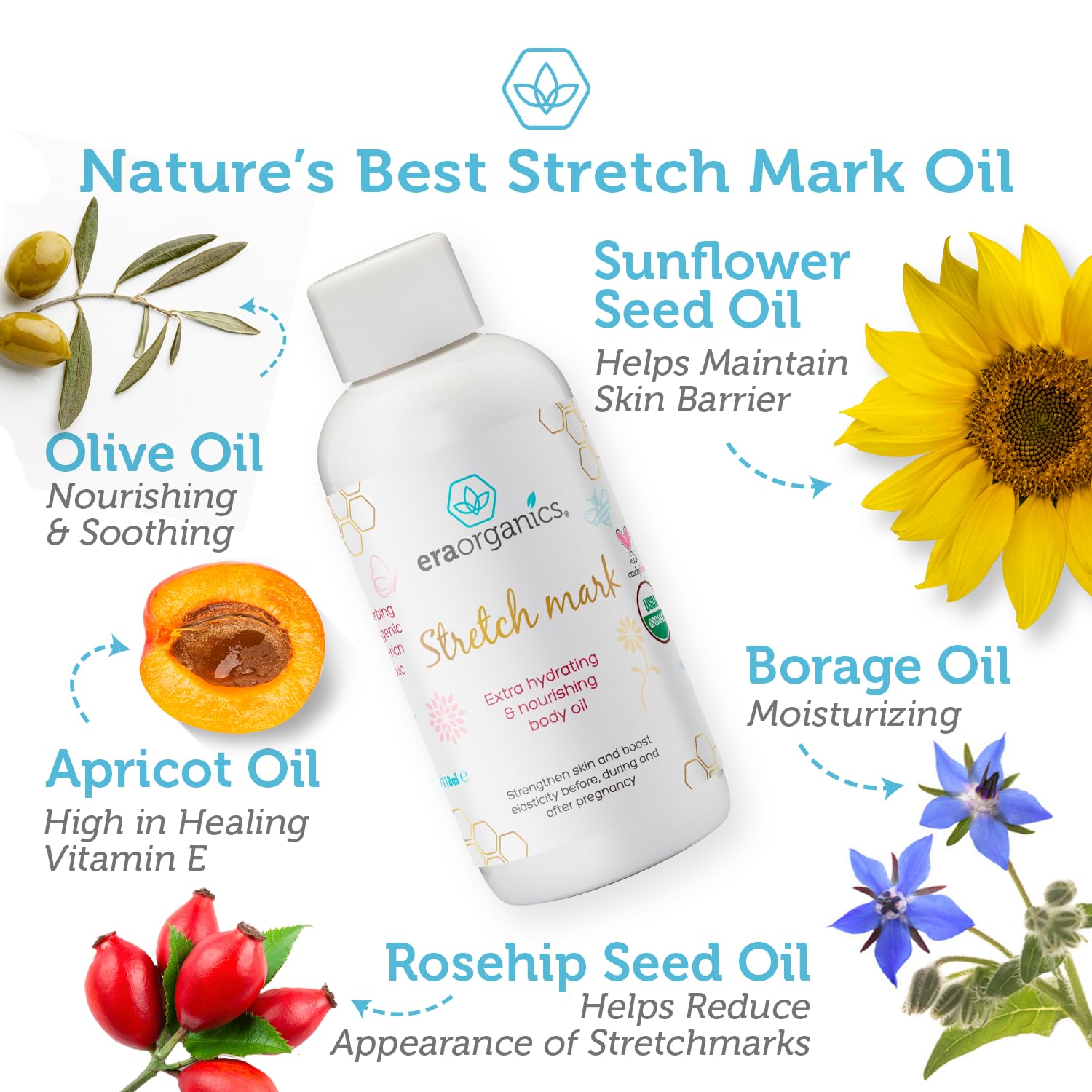 Era Organics Organic Stretch Mark Oil for Pregnancy – Extra Moisturizing Belly Oil & Pregnancy Must Haves