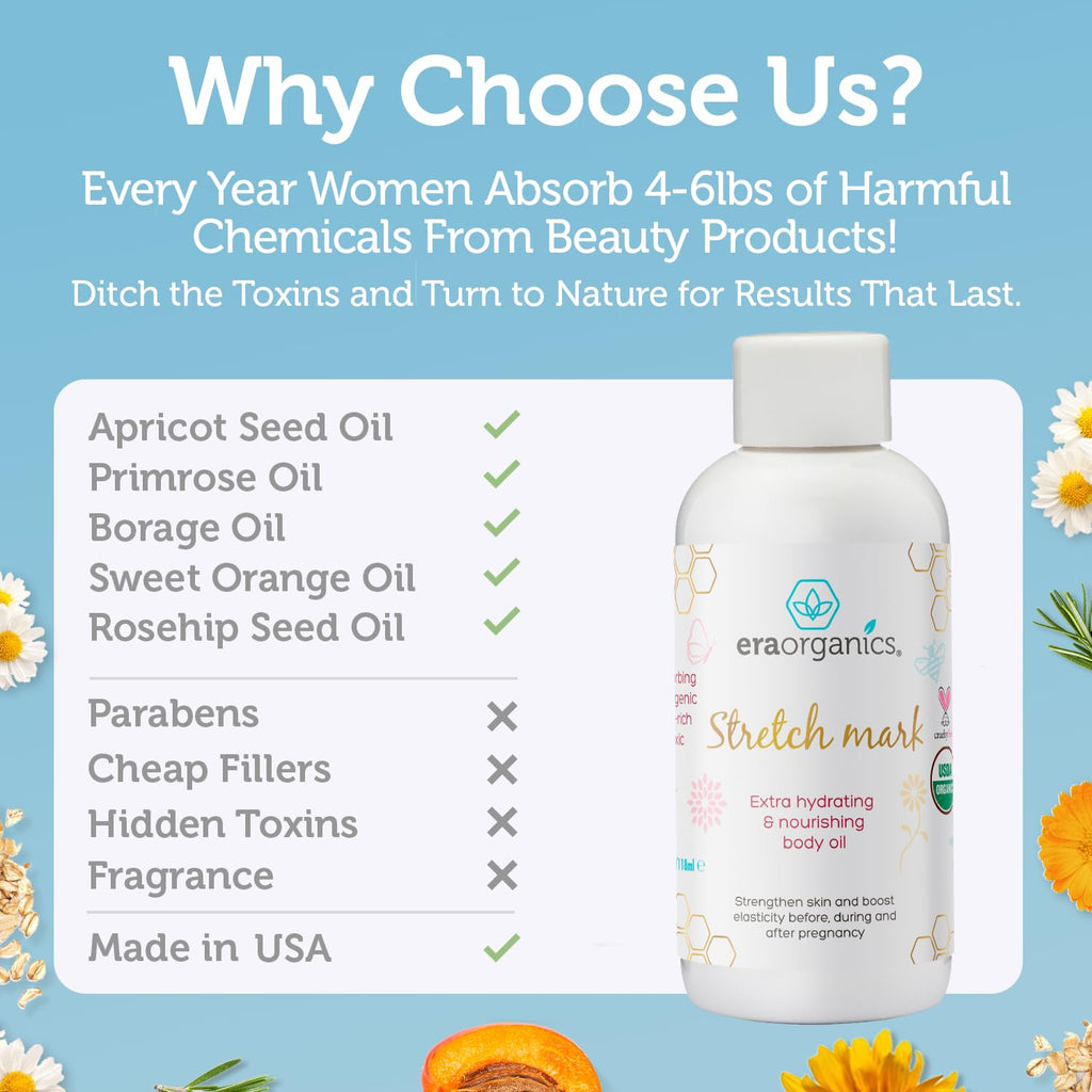 Era Organics Organic Stretch Mark Oil for Pregnancy – Extra Moisturizing Belly Oil & Pregnancy Must Haves