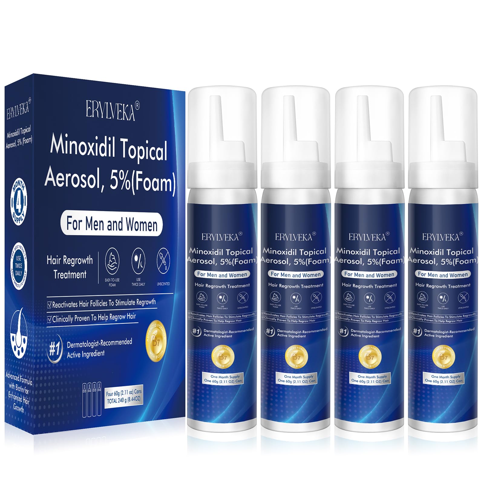 ERYLVEKA 5% Minoxidil Foam – Hair & Beard Growth, Biotin, 4-Month Supply