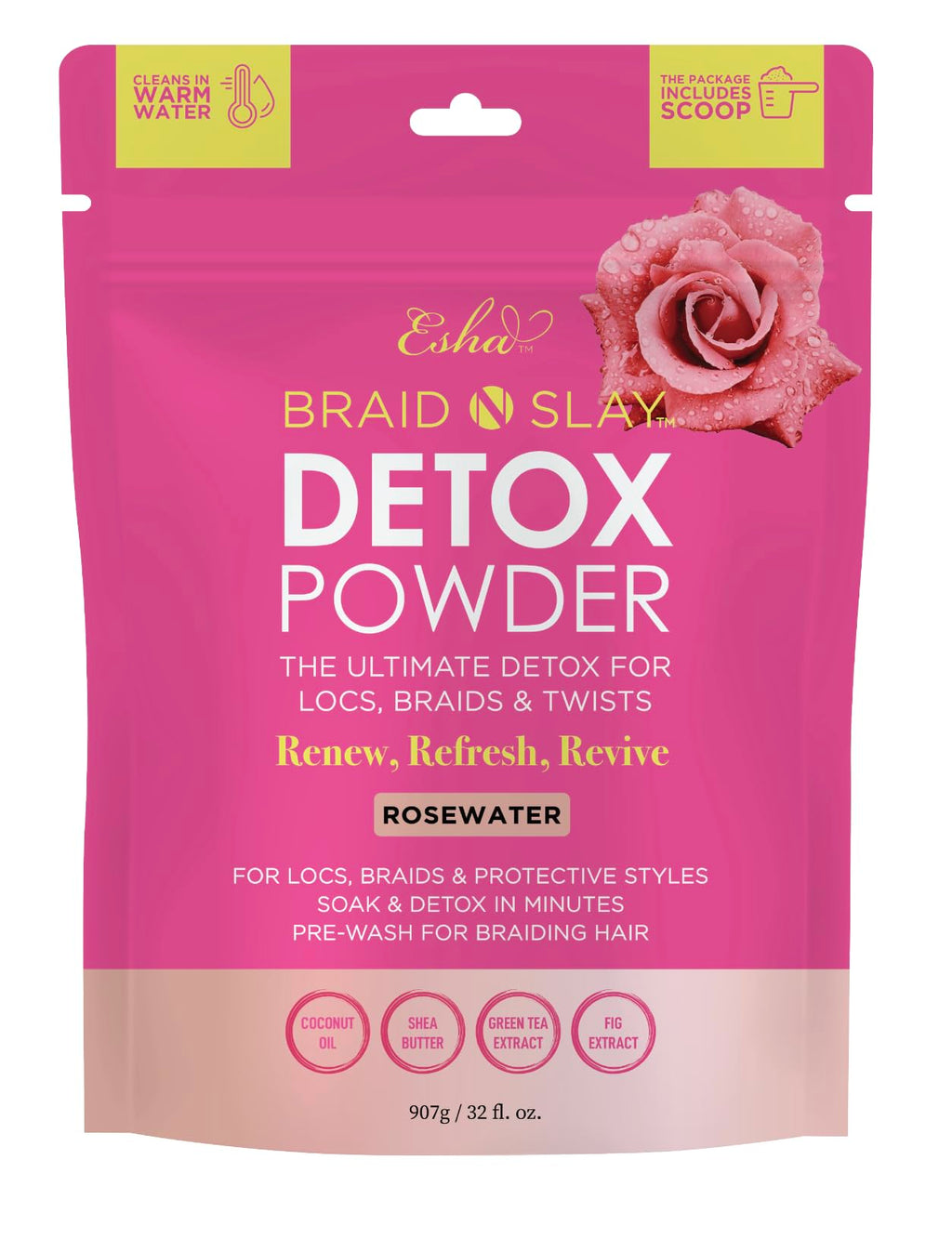 Esha Braid N Slay Detox Powder – Scalp Cleanser for Braids, Locs & Twists (Rosewater) 907g