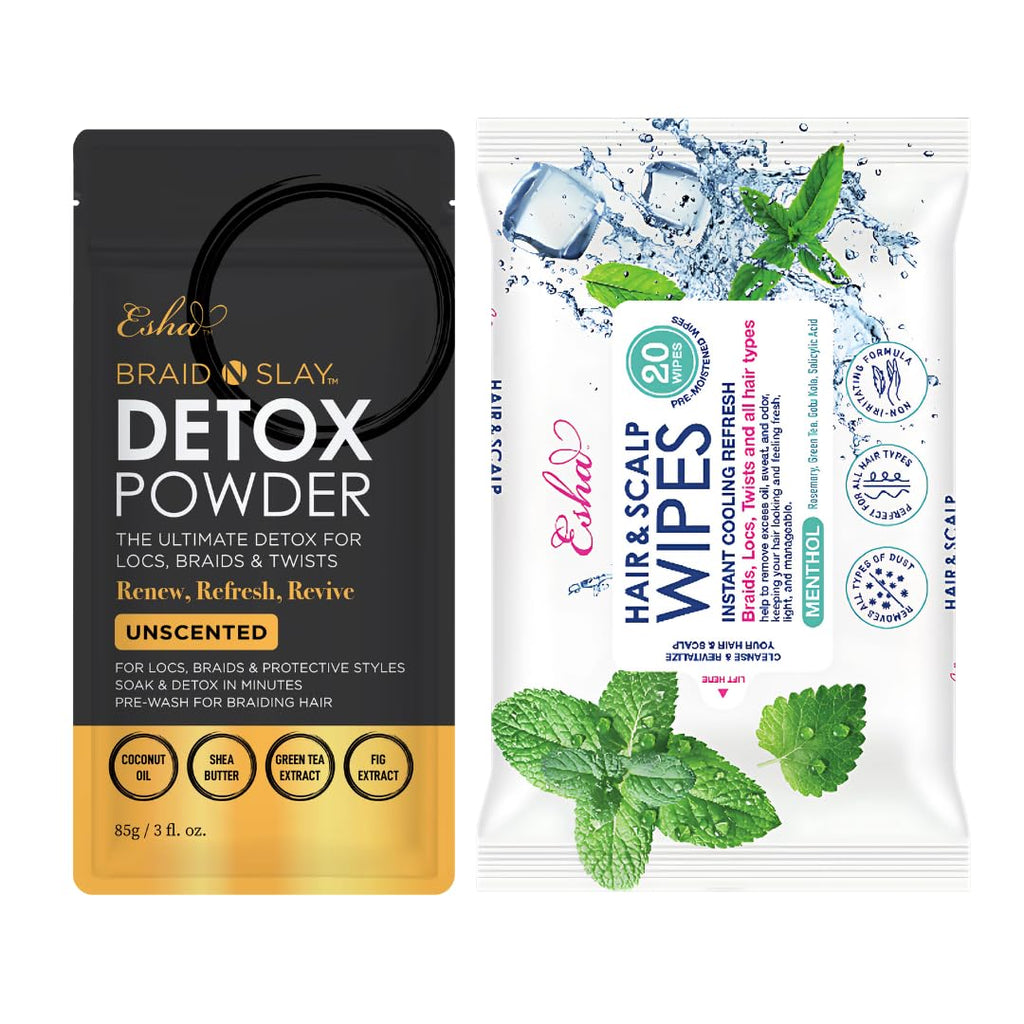 Esha Detox Kit – Hair & Scalp Wipes + Unscented Detox Powder | Scalp Cleanse for Braids & Wigs
