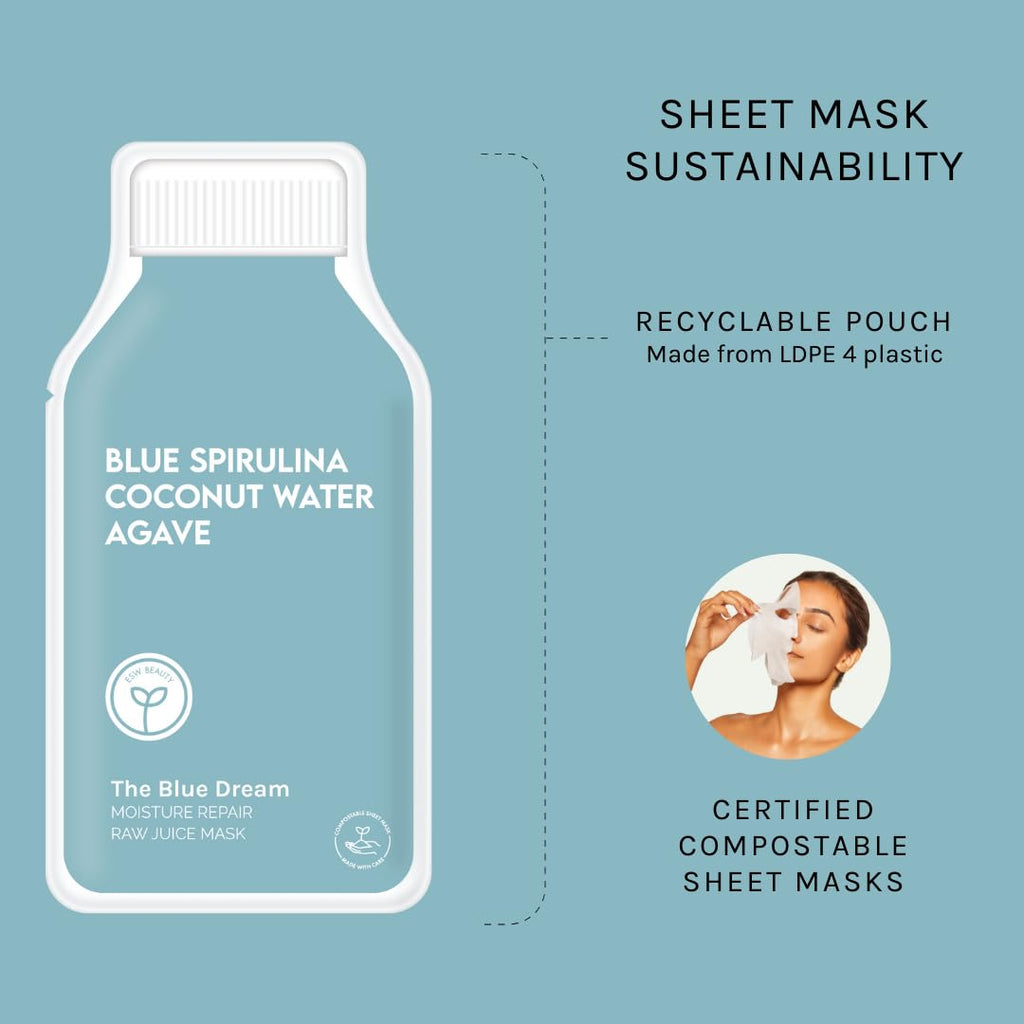 ESW Beauty The Blue Dream – Moisture Repair Raw Juice Face Mask (6-Pack) | Hydration with Blue Spirulina, Coconut Water & Agave