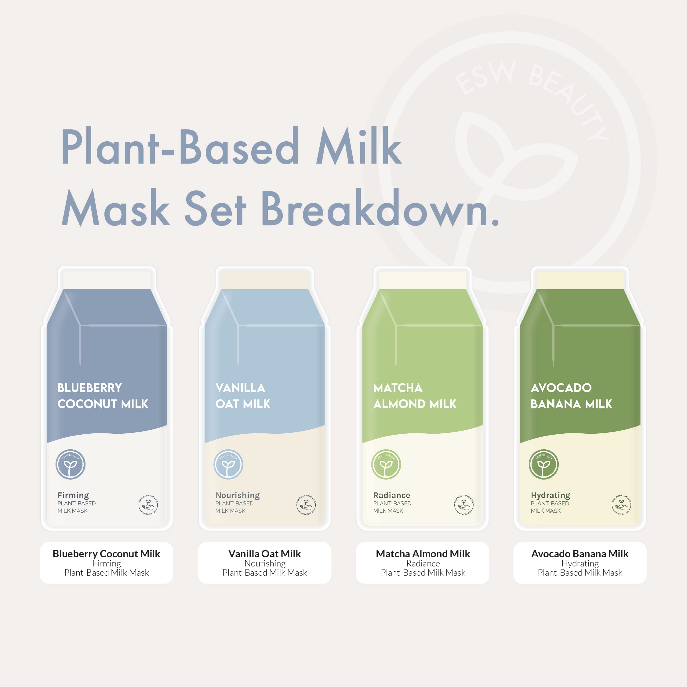 ESW Beauty Plant-Based Milk Face Masks – 8-Pack Hydrating Skincare