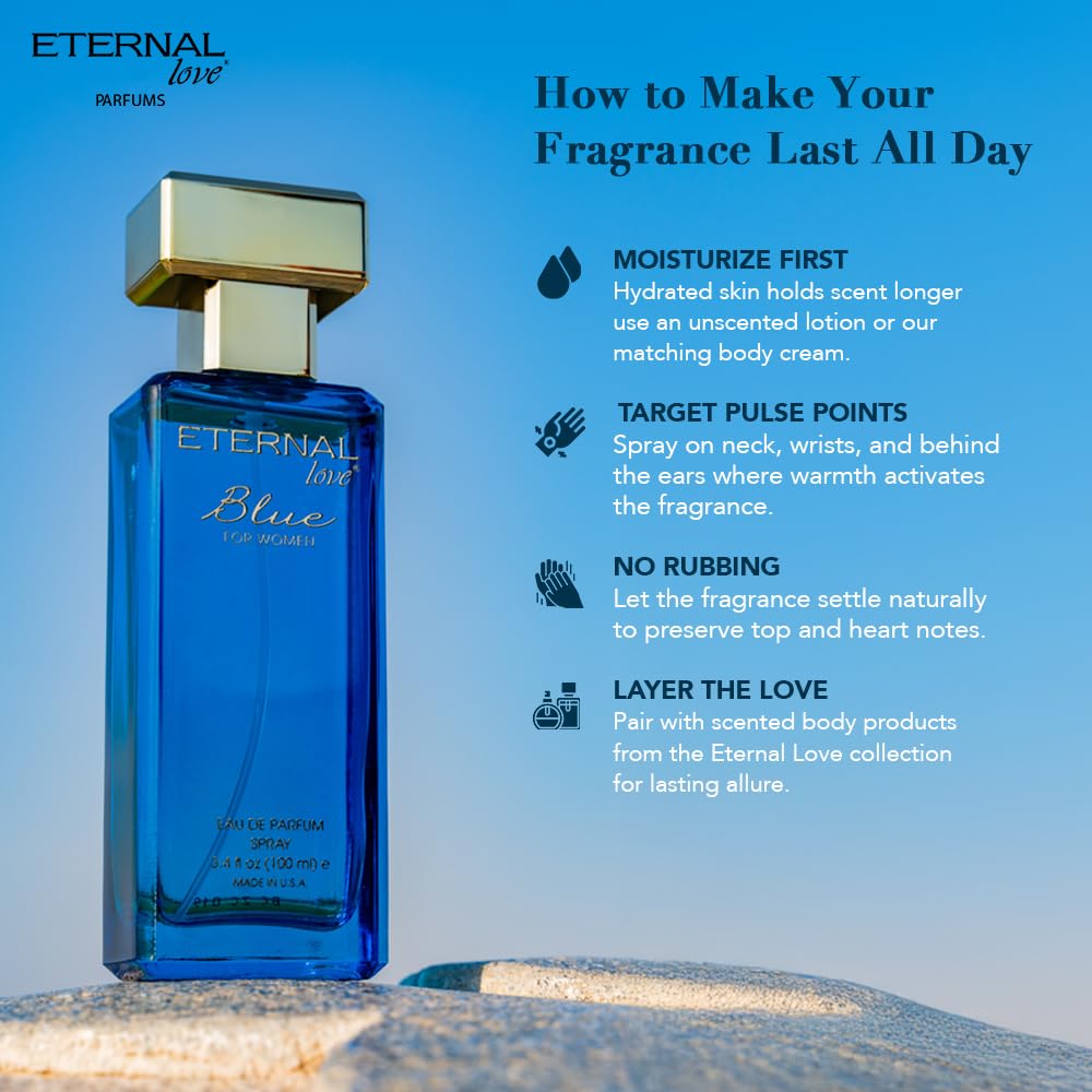 Eternal Love Blue for Women – Long-Lasting Floral-Powdery EDP, Vanilla & Jasmine, 3.4oz