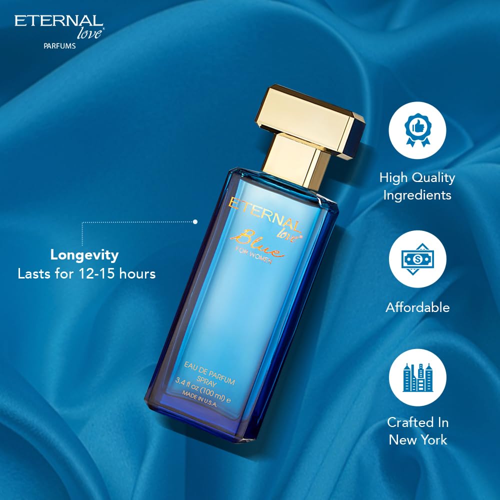 Eternal Love Blue for Women – Long-Lasting Floral-Powdery EDP, Vanilla & Jasmine, 3.4oz