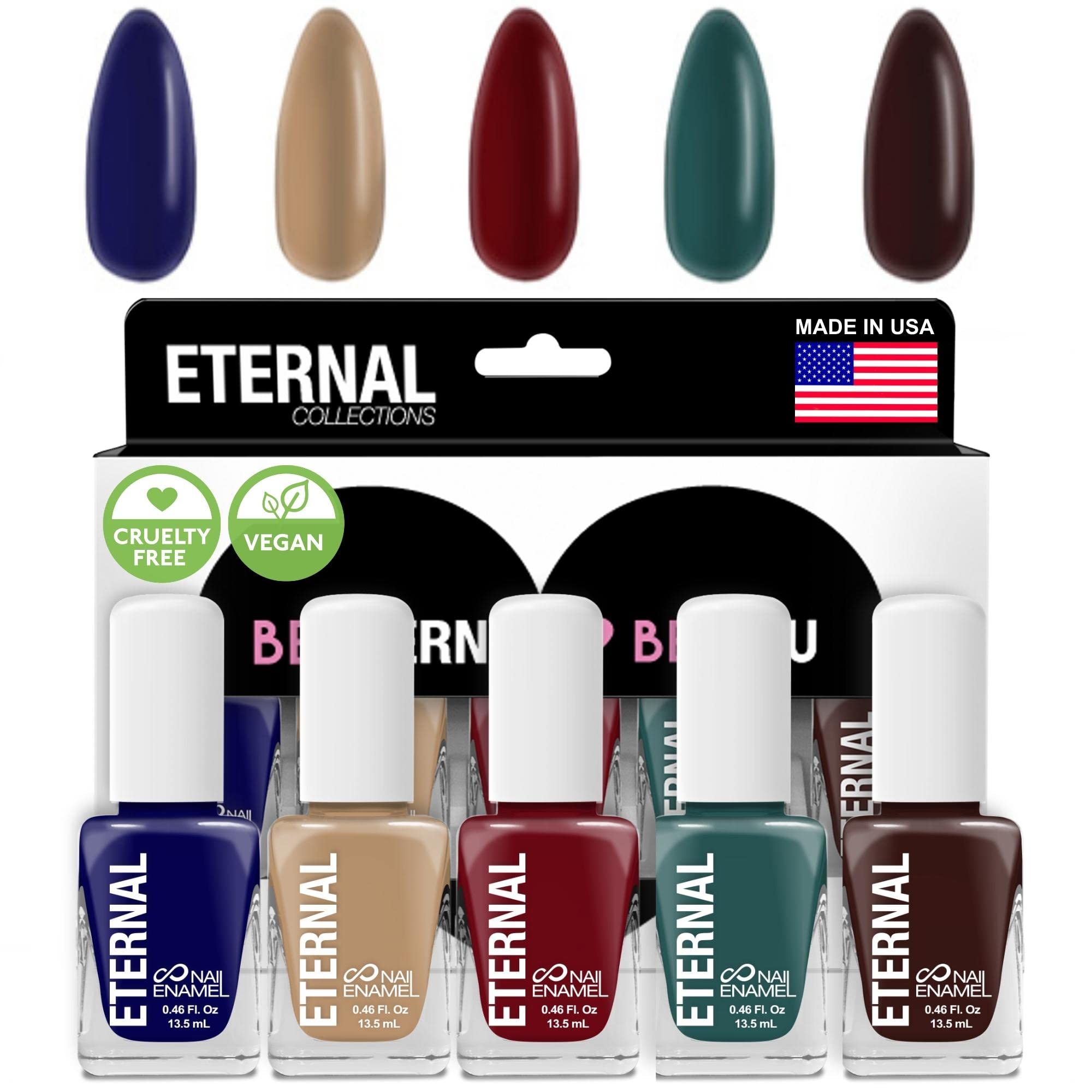 Eternal 5-Piece Nail Polish Set – Beige, Brown, Royal Blue, Red, and More – Fast-Dry, Non-Toxic, Made in USA, 13.5mL