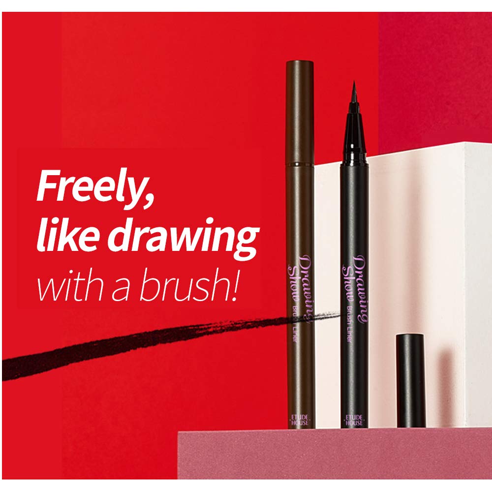 ETUDE Drawing Show Brush Eyeliner – Waterproof Liquid Eyeliner with Soft Brush Pen, Precise Tip (0.021 oz)