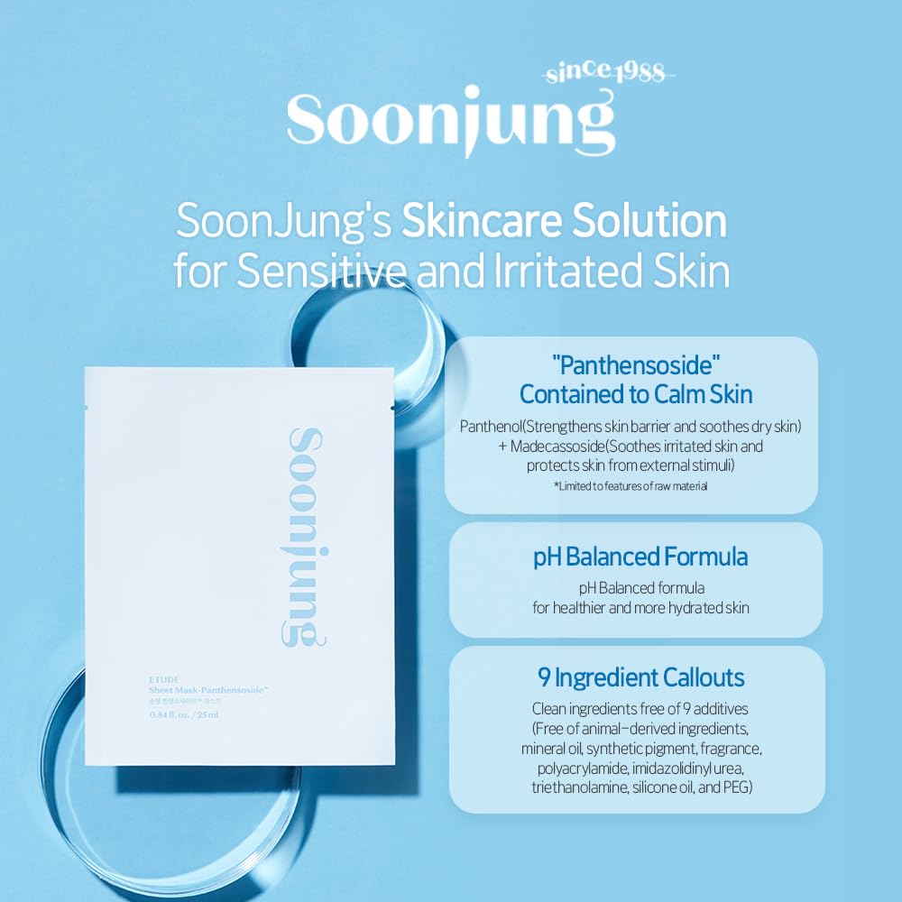 ETUDE SoonJung Panthensoside Sheet Mask (10 Pack) – 100% Bamboo, pH-Balanced, Sensitive Skin