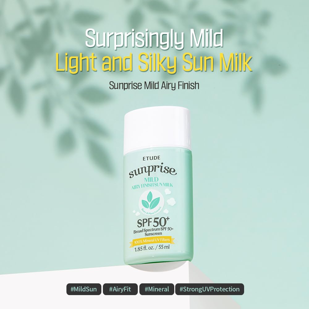 ETUDE Sunprise Sunscreen Mild Sun Milk SPF 50+ PA++++ | 100% Mineral, Sebum-Free, Non-Sticky Protection