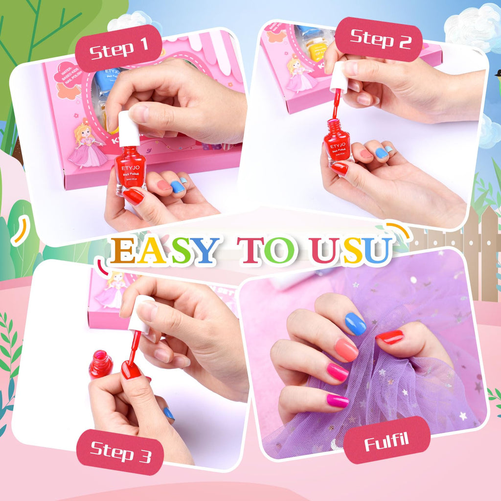 ETYJO Kids Nail Polish Set – Non-Toxic Water-Based Peel-Off, 10 Rainbow Colors, Quick Dry (Ages 3+)