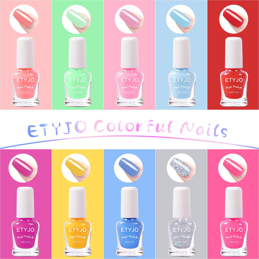 ETYJO Kids Nail Polish Set – Non-Toxic Water-Based Peel-Off, 10 Rainbow Colors, Quick Dry (Ages 3+)