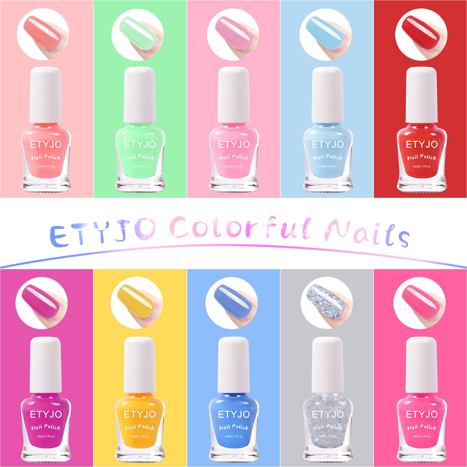ETYJO Kids Nail Polish Set – Non-Toxic Water-Based Peel-Off, 10 Rainbow Colors, Quick Dry (Ages 3+)