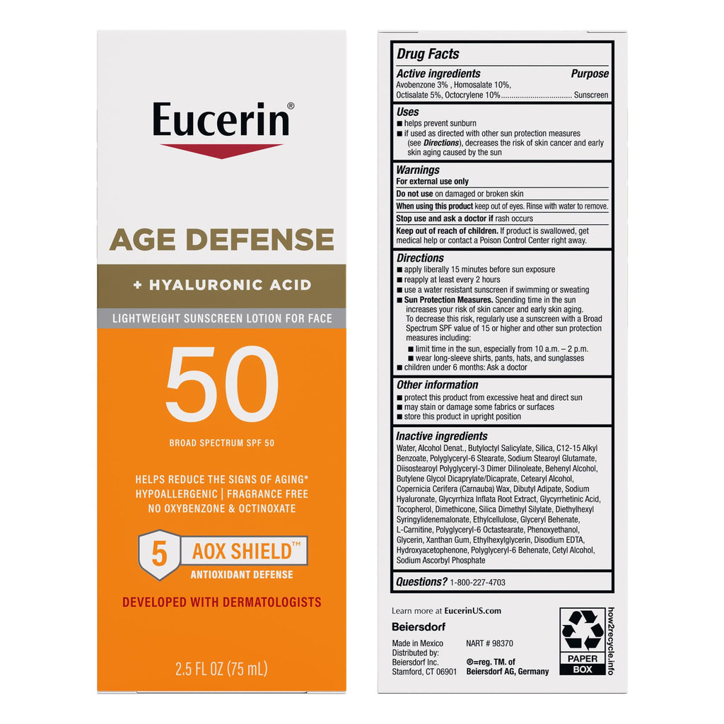 Eucerin Sun Age Defense SPF 50 Face Sunscreen – Hyaluronic Acid, Fragrance-Free