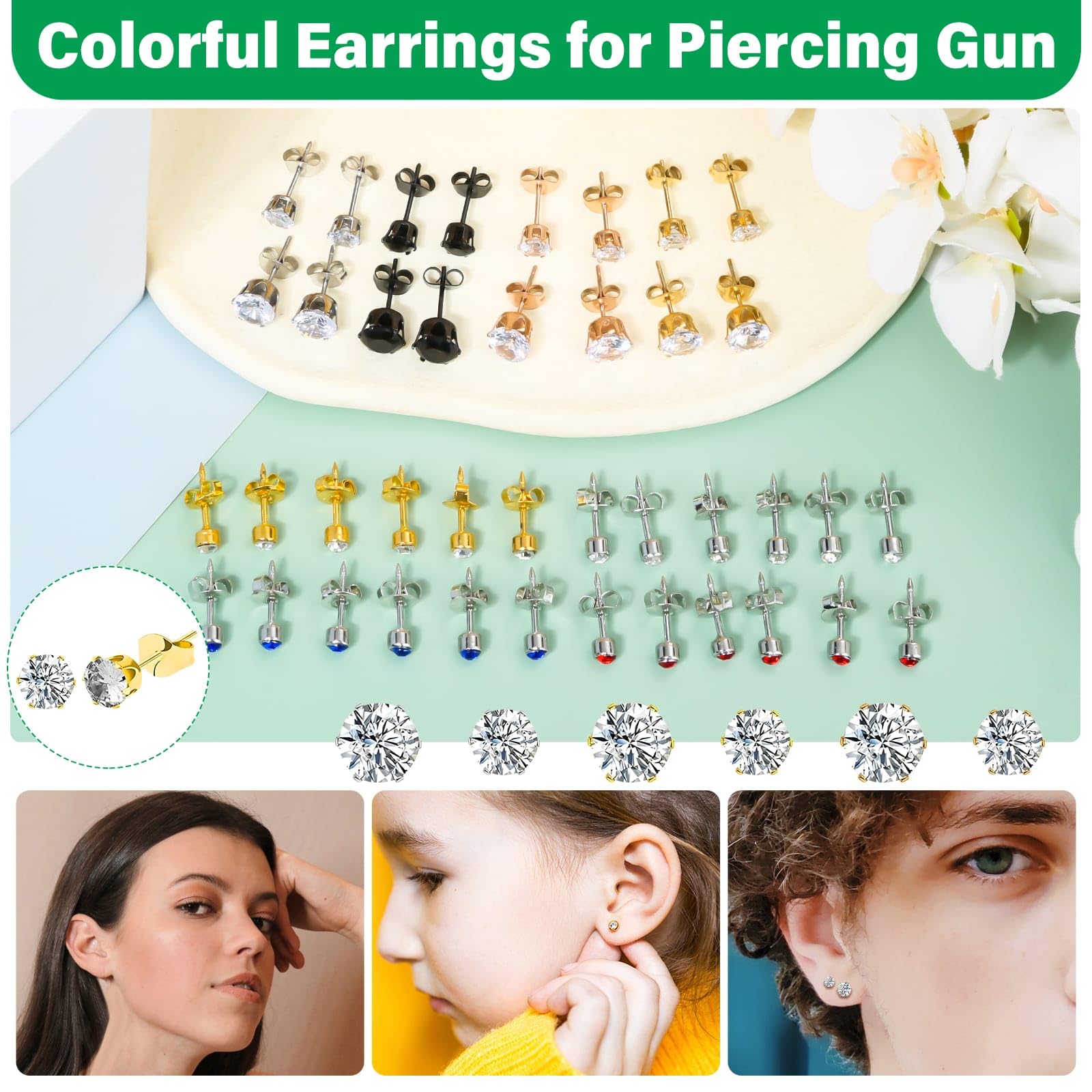 Evatage Reusable Ear Piercing Gun Kit — At Home Piercing Tool Set with Crystal Stud Earrings