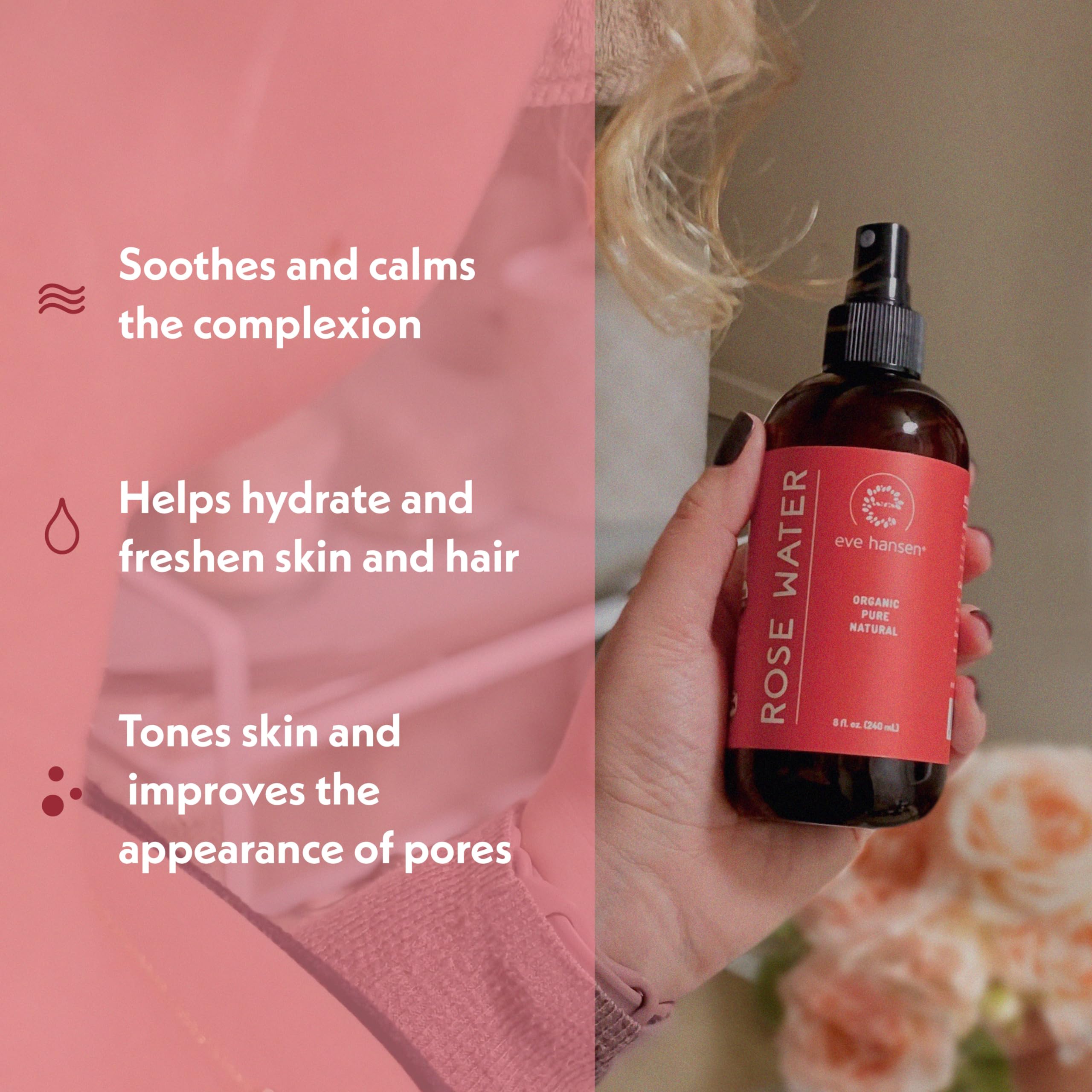 Eve Hansen Organic Rose Water Spray for Face | 8 oz Moroccan Rosewater Toner & Setting Mist