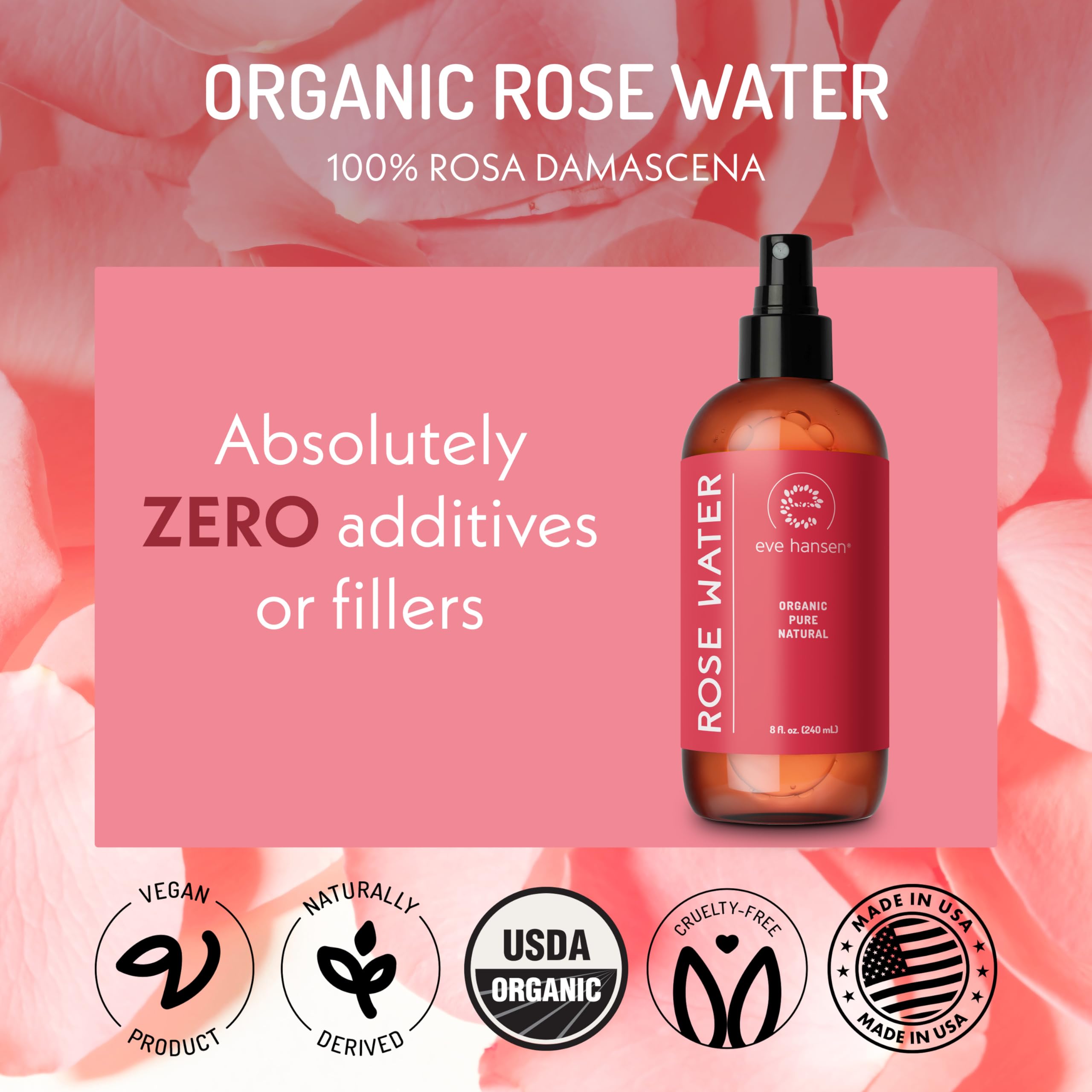 Eve Hansen Organic Rose Water Spray for Face | 8 oz Moroccan Rosewater Toner & Setting Mist