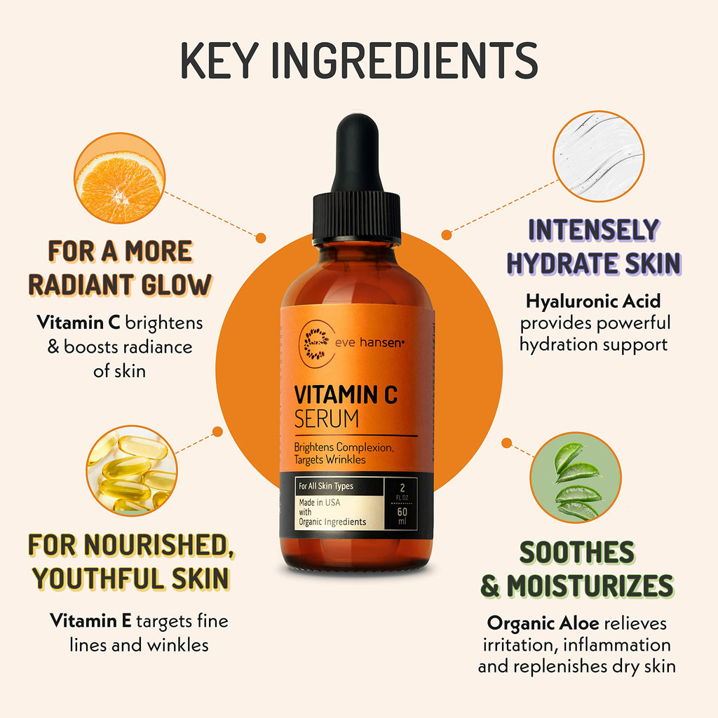 Eve Hansen Vitamin C Facial Serum – 76% Organic Antioxidants with Hyaluronic Acid, Aloe Vera & Vitamin E (2 oz)