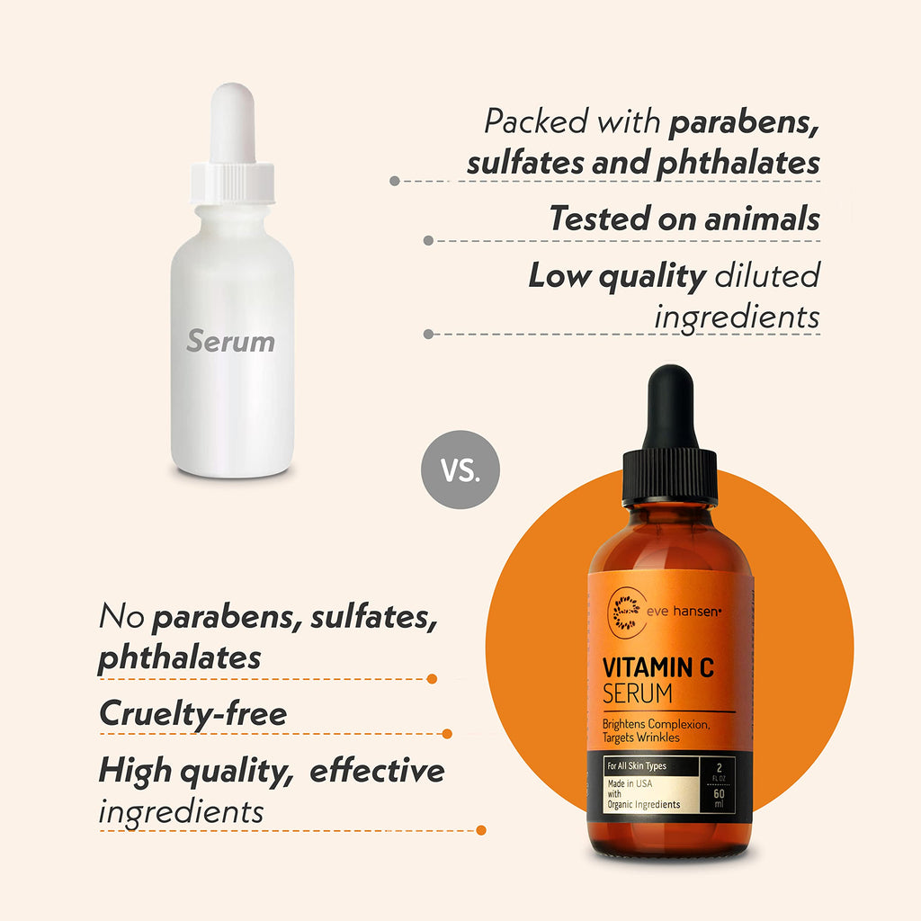 Eve Hansen Vitamin C Facial Serum – 76% Organic Antioxidants with Hyaluronic Acid, Aloe Vera & Vitamin E (2 oz)