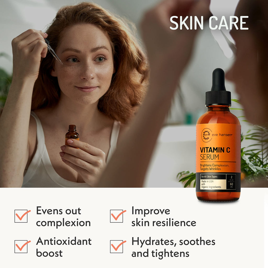 Eve Hansen Vitamin C Facial Serum – 76% Organic Antioxidants with Hyaluronic Acid, Aloe Vera & Vitamin E (2 oz)