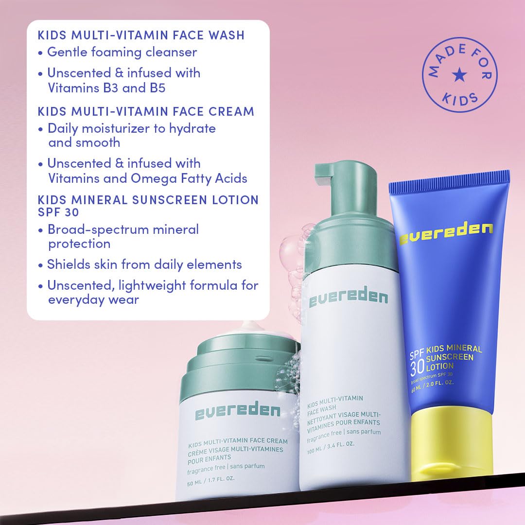 Evereden Daily 1-2-3 Routine: Fragrance-Free Kids Skincare Set — Cleanser, Hydration & SPF 30 Mineral Sunscreen
