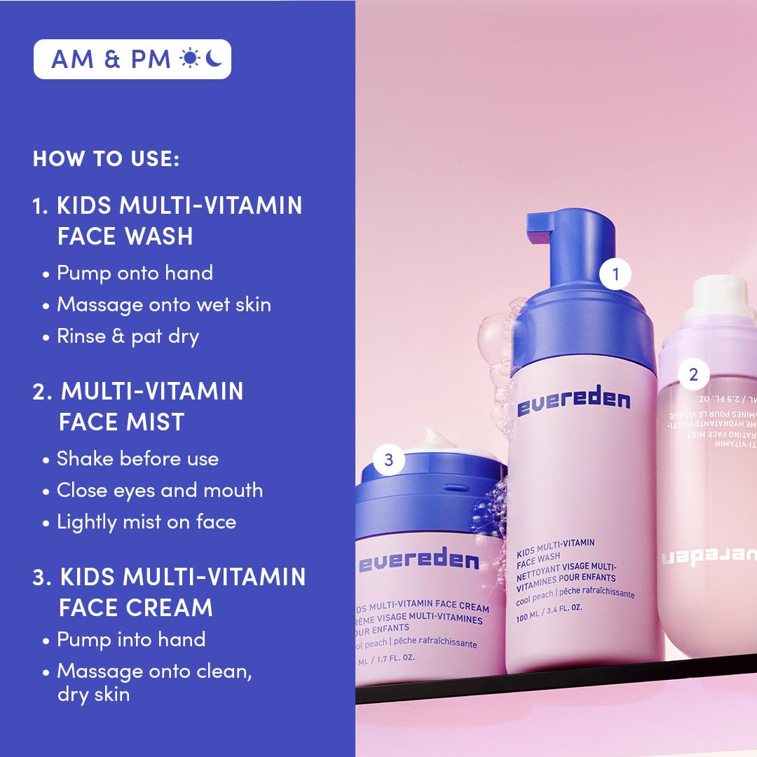 Evereden Kids Multi-Vitamin Hydrating Face Mist, Face Wash & Face Cream Set – Clean Vegan Skincare for Kids 6+
