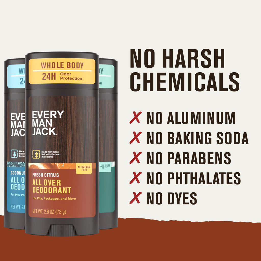 Every Man Jack All Over Deodorant Variety Pack – Aluminum-Free, 24-Hour Whole-Body Odor Protection (3 x 2.6 oz)
