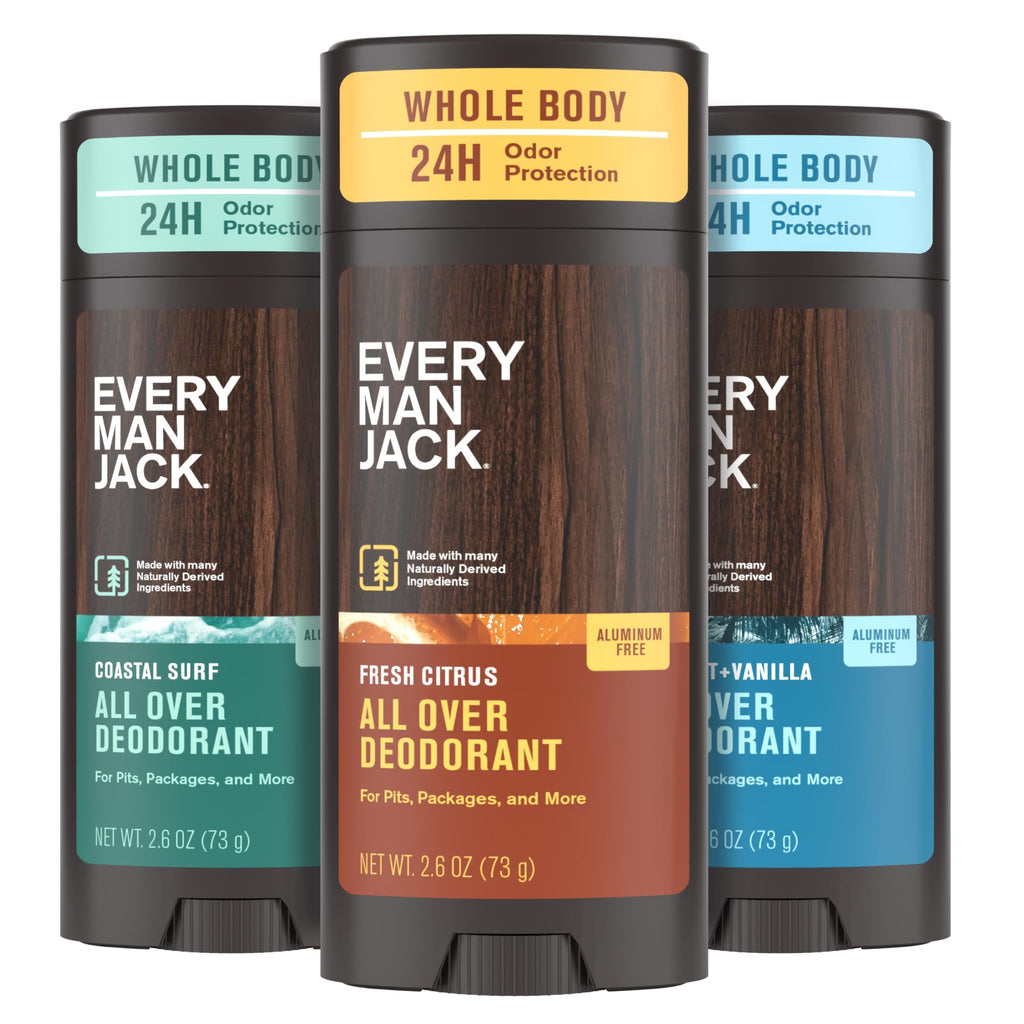 Every Man Jack All Over Deodorant Variety Pack – Aluminum-Free, 24-Hour Whole-Body Odor Protection (3 x 2.6 oz)