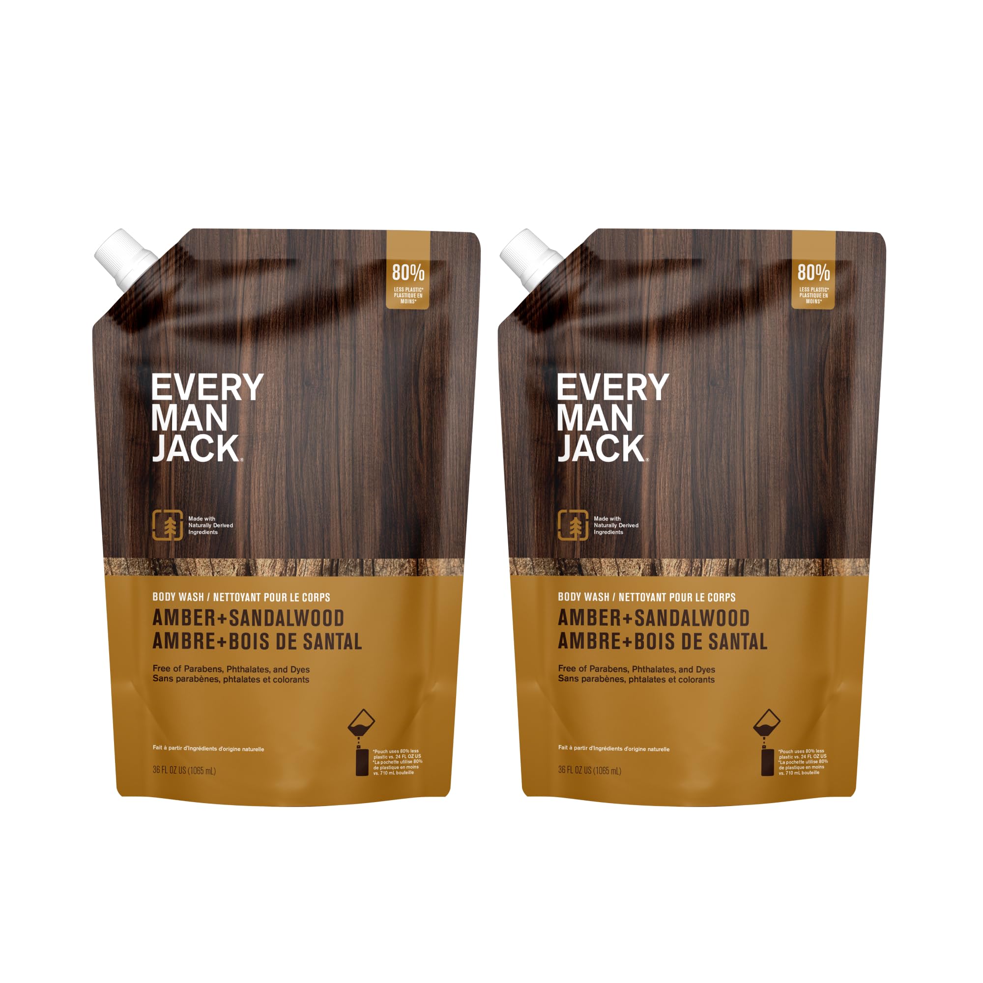 Every Man Jack Amber + Sandalwood Body Wash Refill Starter Pouch – 2-36oz – Paraben Free, Phthalate Free, Dye Free