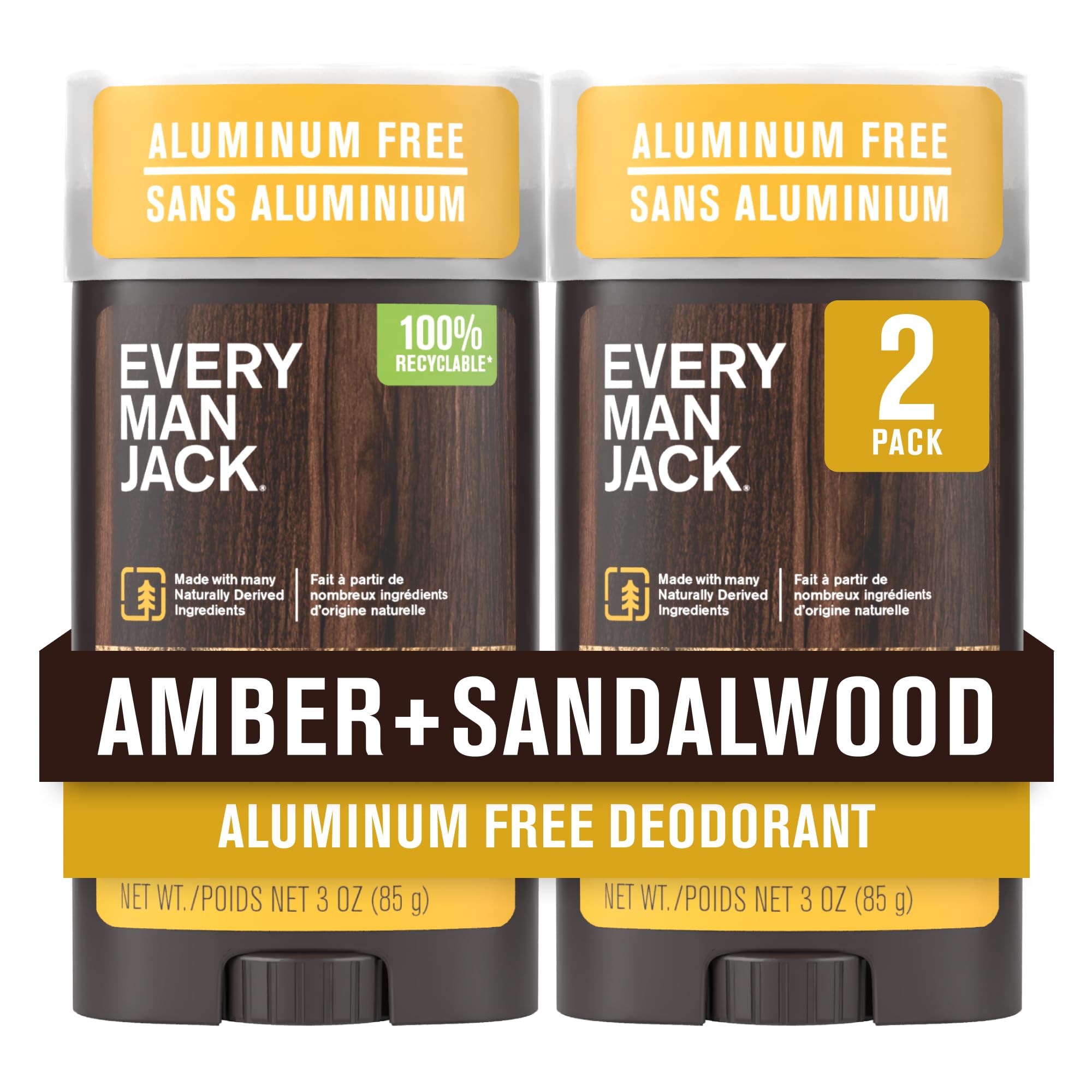 Every Man Jack Amber + Sandalwood Aluminum-Free Deodorant – All Skin Types, 2-Pack (3oz Each)
