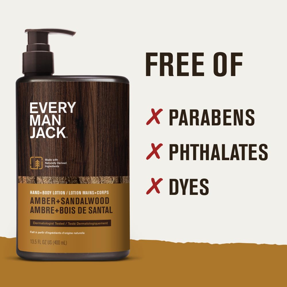 Every Man Jack Amber Sandalwood Lotion – Hypoallergenic, 13.5oz (2 Bottles)
