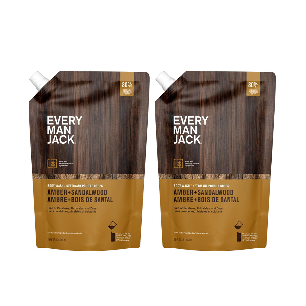Every Man Jack Amber + Sandalwood Body Wash Refill Starter Pouch – 2-36oz – Paraben Free, Phthalate Free, Dye Free