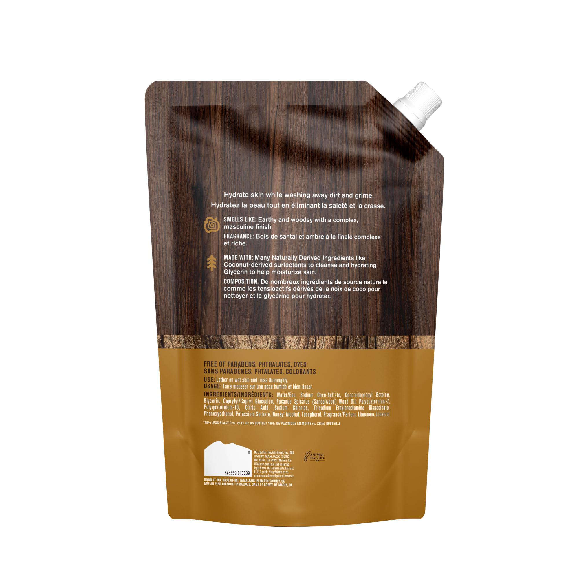 Every Man Jack Amber + Sandalwood Body Wash Refill Starter Pouch – 2-36oz – Paraben Free, Phthalate Free, Dye Free