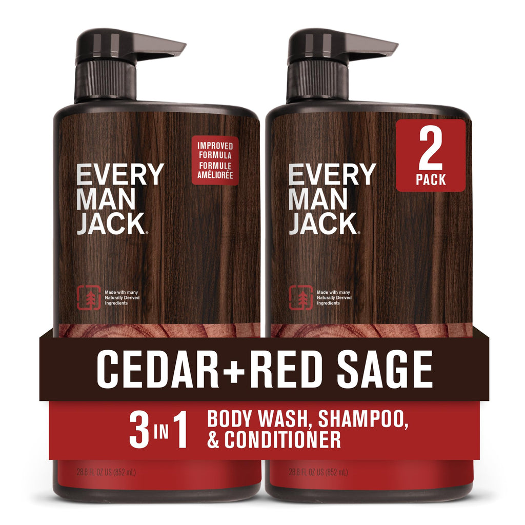 Every Man Jack Cedar + Red Sage Hydrating 3-in-1 All Over Wash – Body Wash, Shampoo & Conditioner (2 Pack)