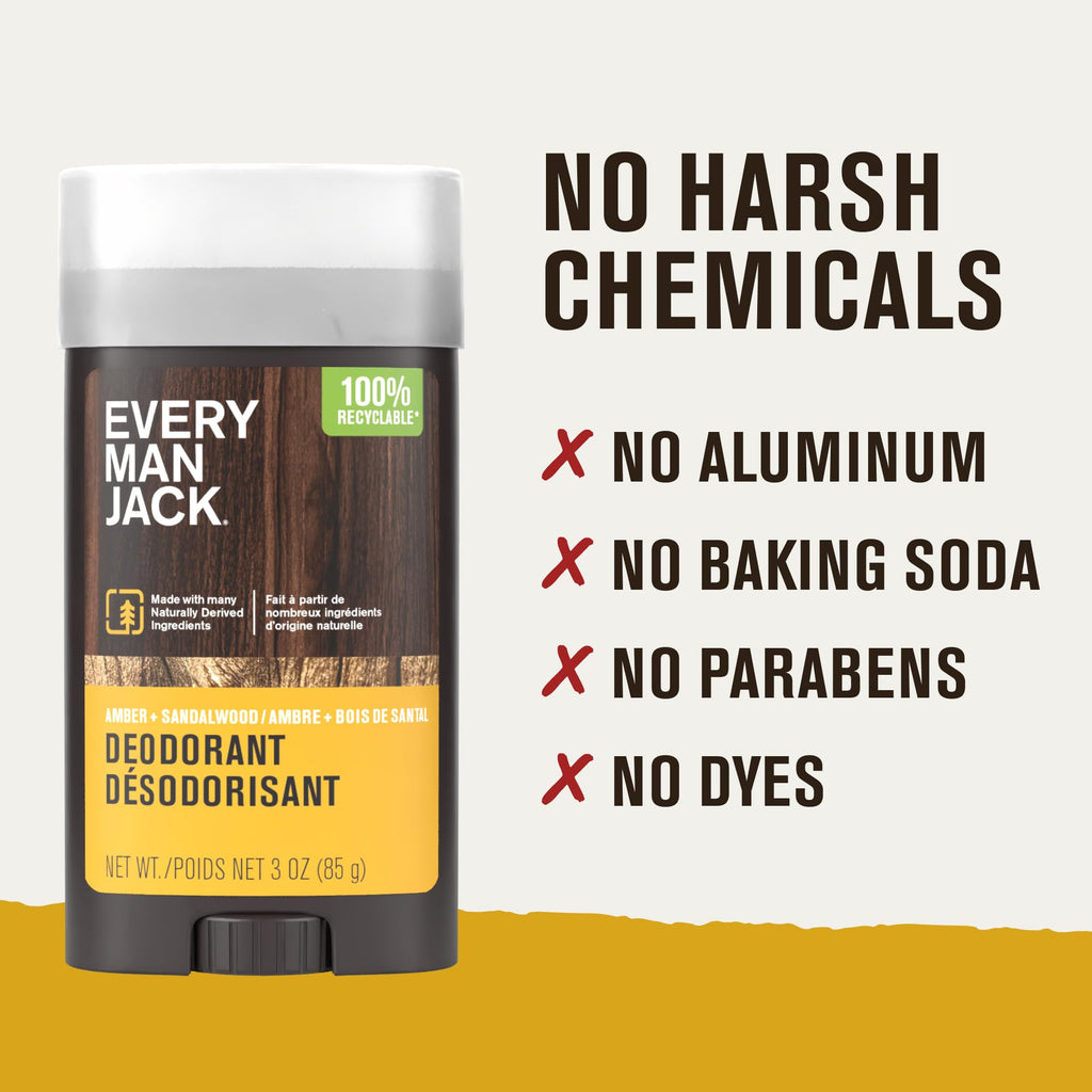 Every Man Jack Amber + Sandalwood Men's Deodorant – Aluminum-Free, Long-Lasting, 4-Pack