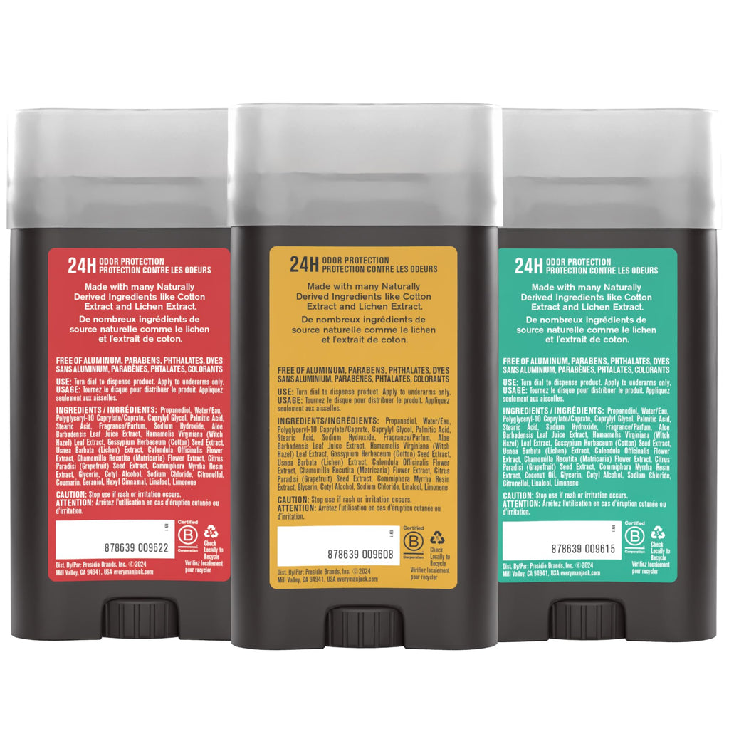 Every Man Jack Deodorant Variety Set — 3 x 3 oz Sticks (Cedar + Red Sage; Amber + Sandalwood; Sea Mineral + Citron)