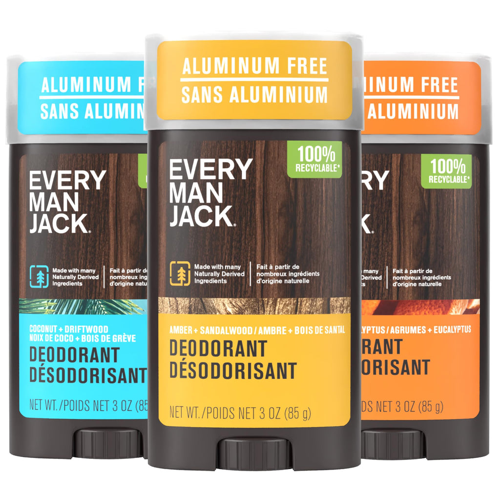 Every Man Jack Deodorant Variety Set – Aluminum-Free, 3 Full-Size Sticks (Coconut Driftwood, Citrus Eucalyptus, Amber Sandalwood)