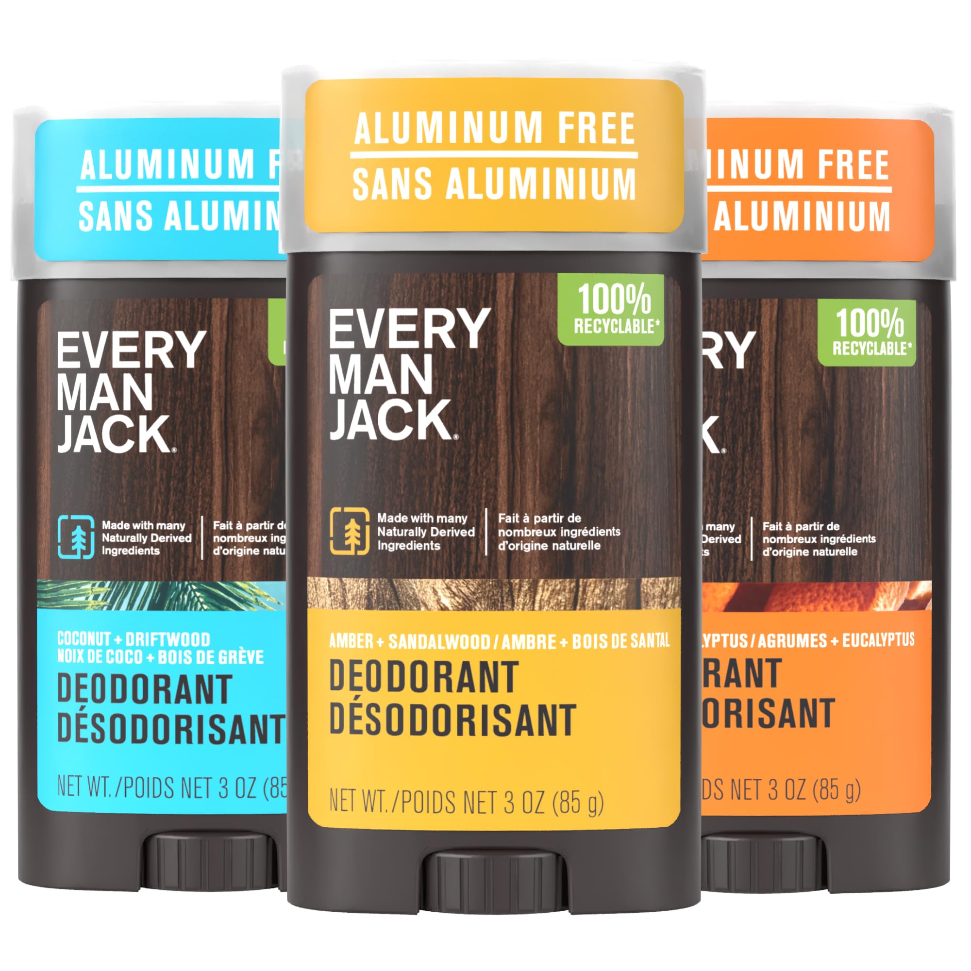 Every Man Jack Deodorant Variety Set – Aluminum-Free, 3 Full-Size Sticks (Coconut Driftwood, Citrus Eucalyptus, Amber Sandalwood)