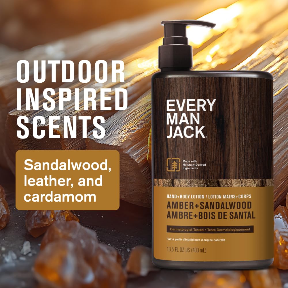 Every Man Jack Amber Sandalwood Lotion – Hypoallergenic, 13.5oz (2 Bottles)