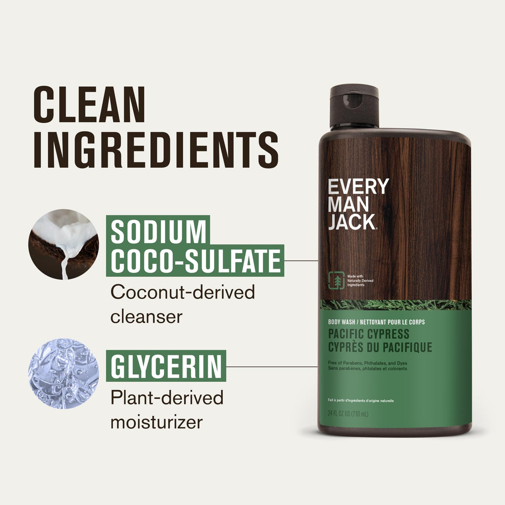 Every Man Jack Nourishing Pacific Cypress Body Wash for All Skin Types | Coconut & Glycerin Hydration | 24oz 2 Bottles