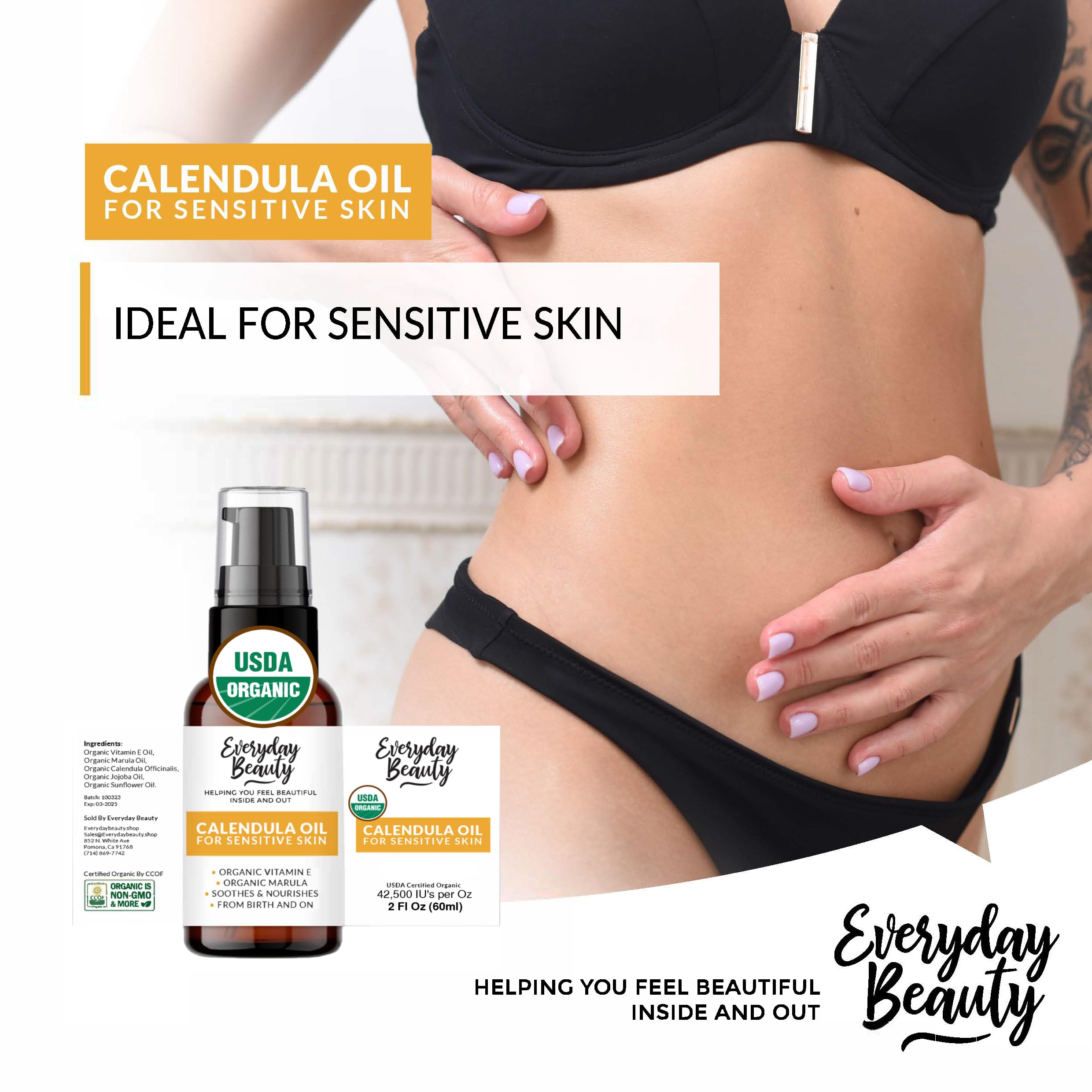 Everyday Beauty Organic Calendula Oil for Sensitive Skin – 2 oz Pump