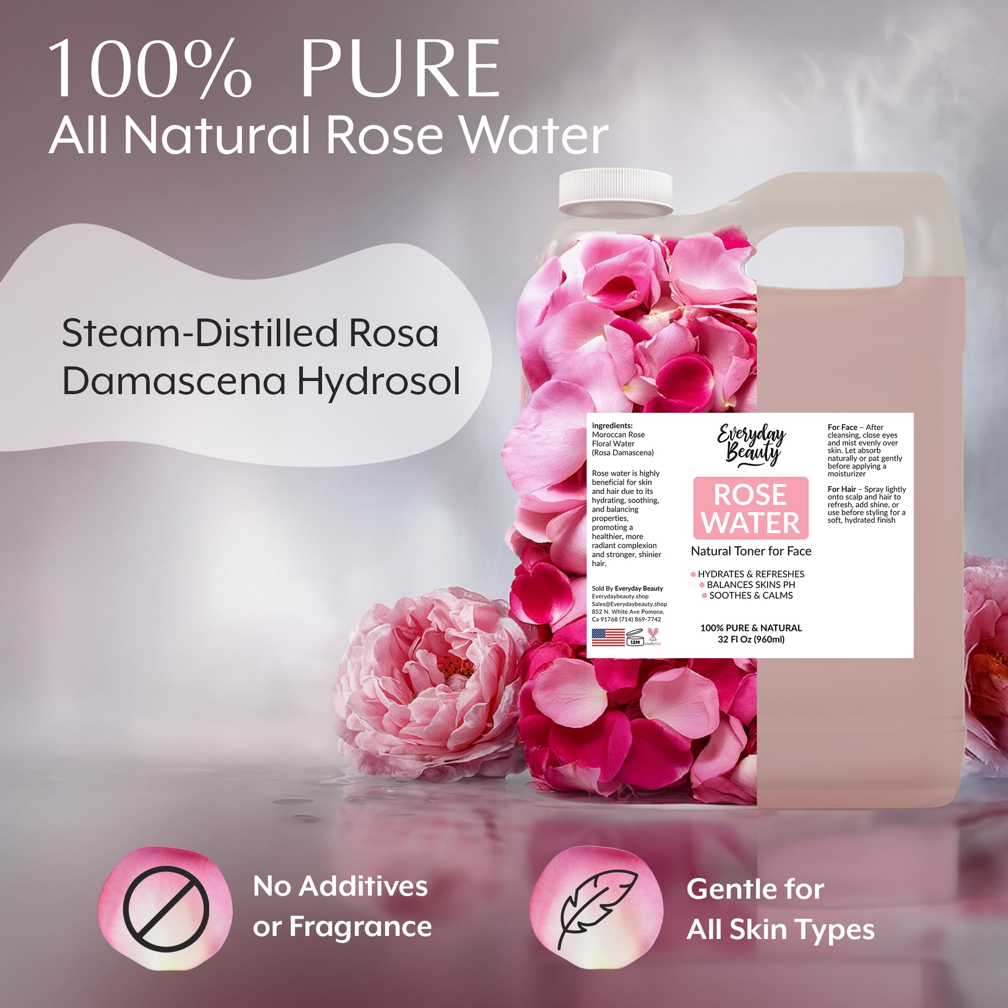 Rose Water Facial Toner | 32oz Bulk, Alcohol-Free, Vegan & All Natural | Everyday Beauty