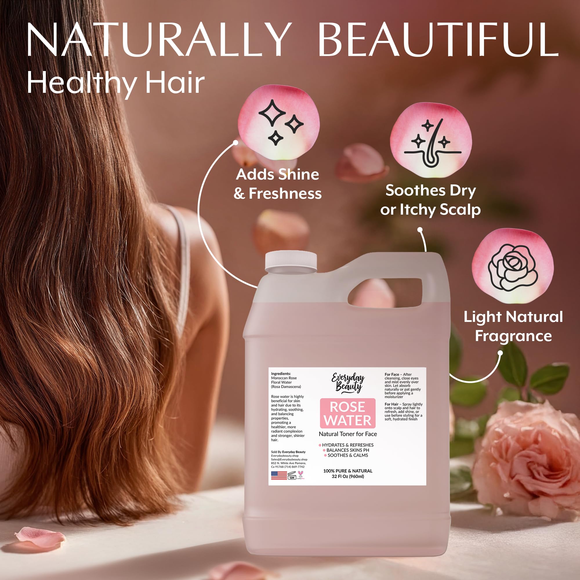 Rose Water Facial Toner | 32oz Bulk, Alcohol-Free, Vegan & All Natural | Everyday Beauty