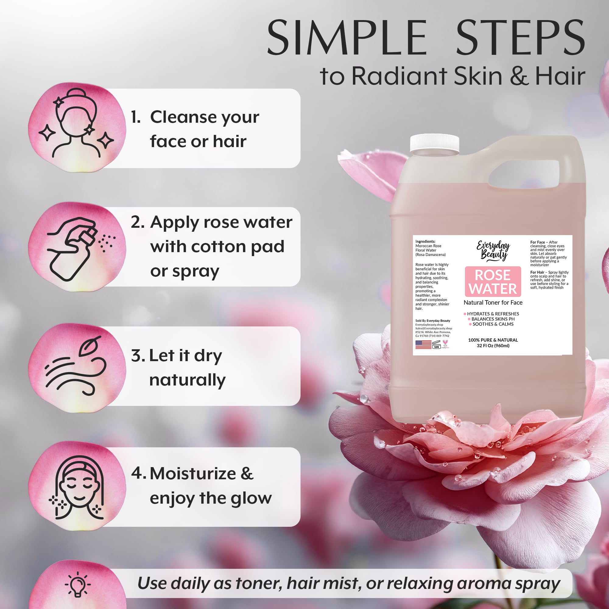 Rose Water Facial Toner | 32oz Bulk, Alcohol-Free, Vegan & All Natural | Everyday Beauty