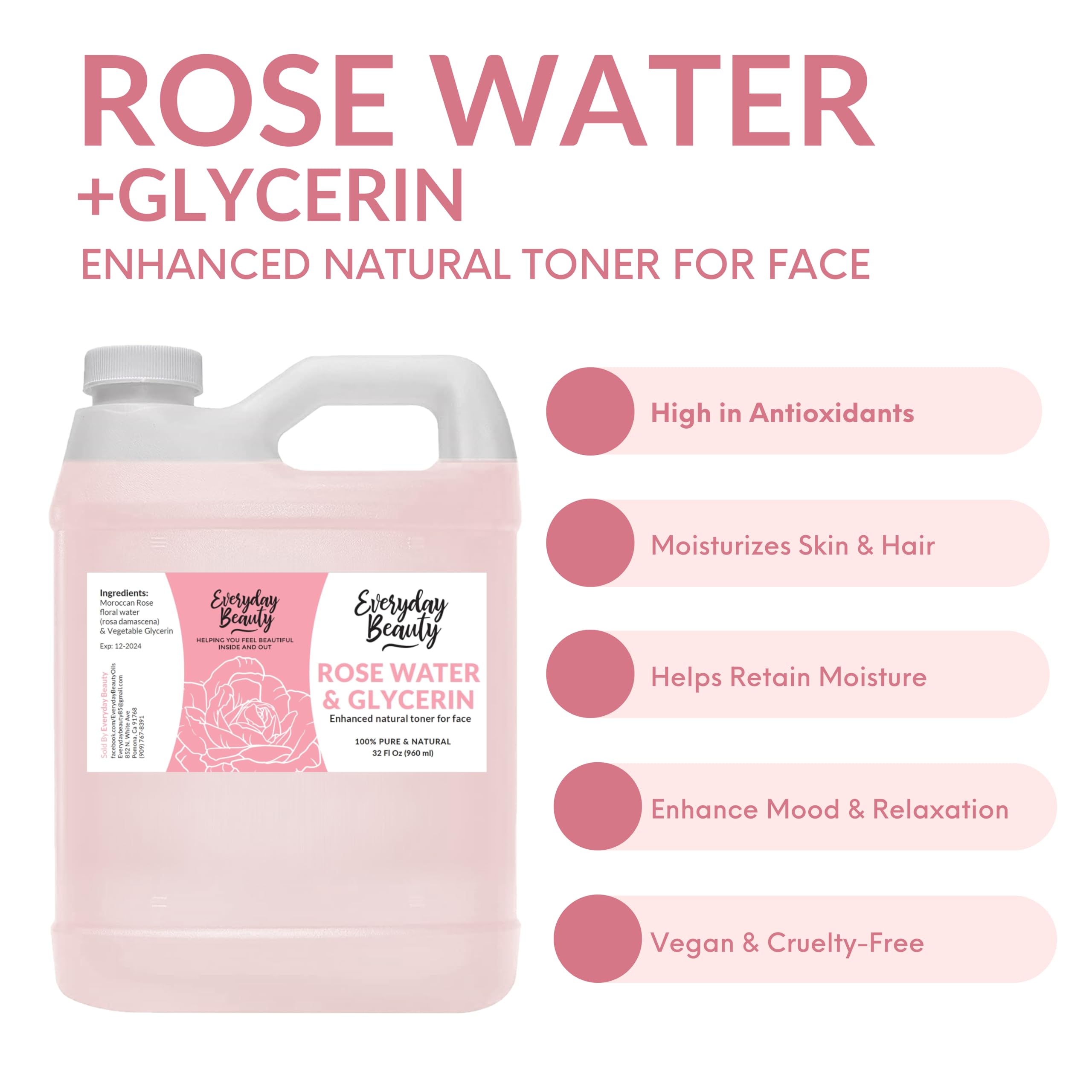 Everyday Beauty Rose Water & Glycerin Toner — 32oz Bulk, Alcohol-Free, Vegan