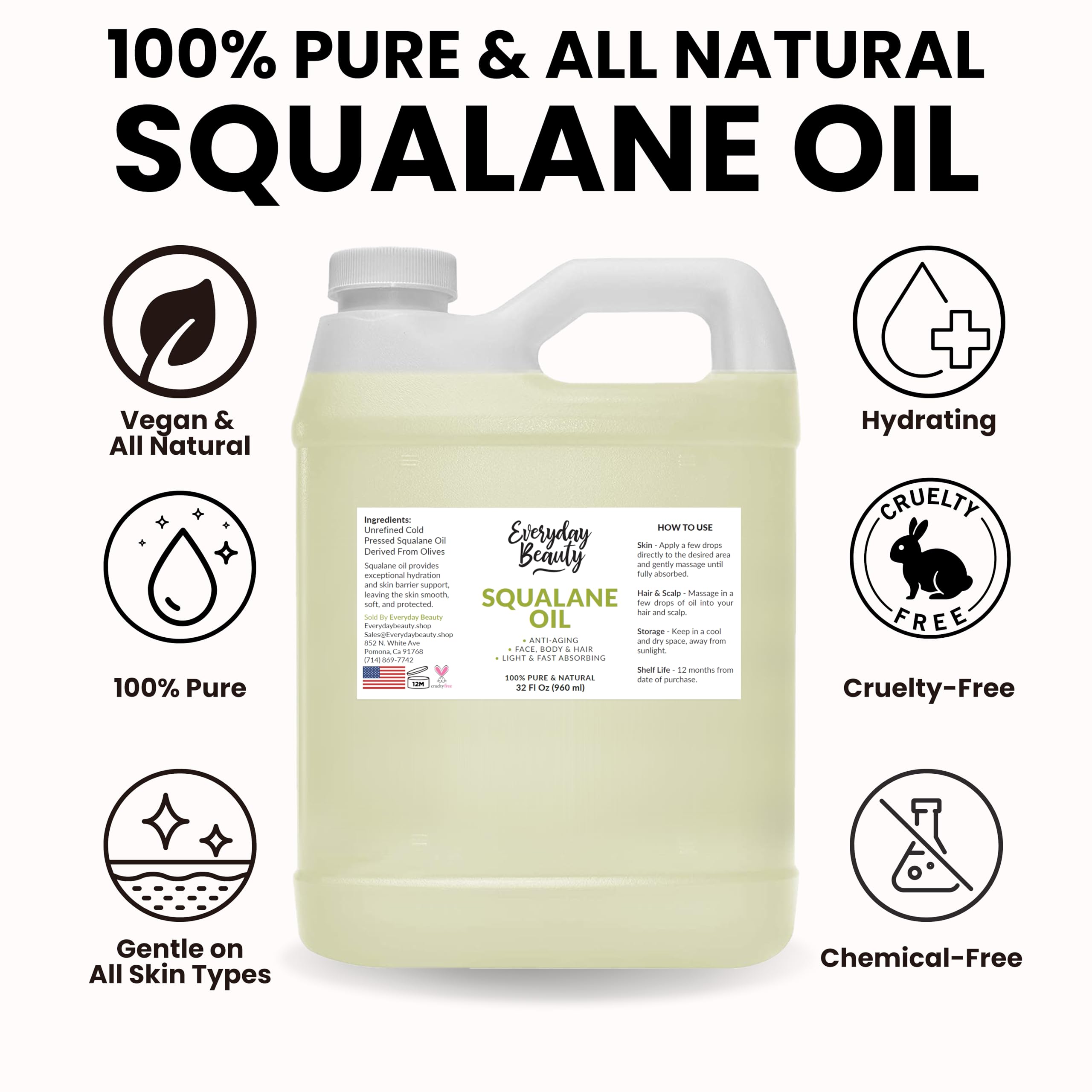 Everyday Beauty Squalane Oil Bulk – 32 oz Pure Olive-Derived Facial & Hair Oil
