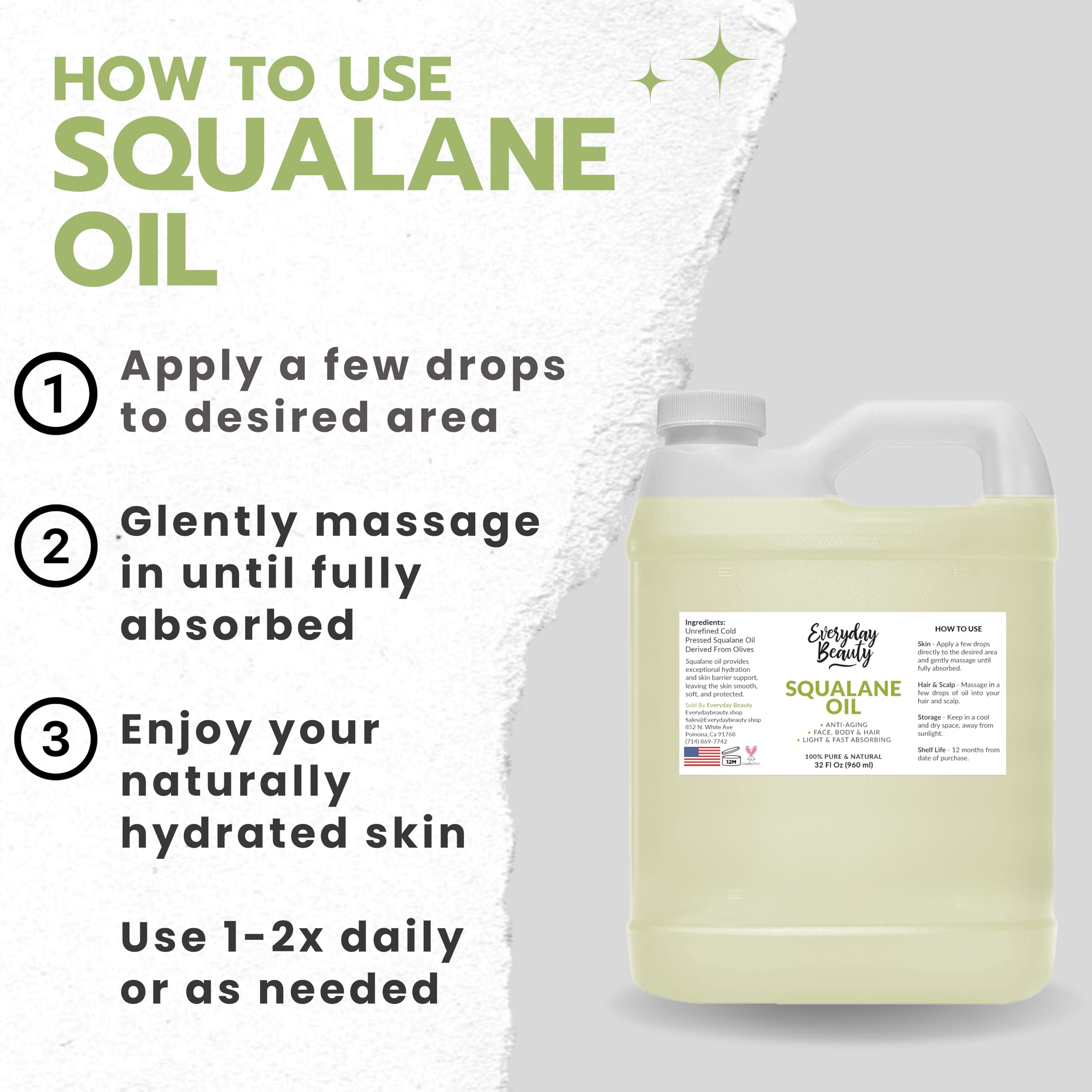 Everyday Beauty Squalane Oil Bulk – 32 oz Pure Olive-Derived Facial & Hair Oil